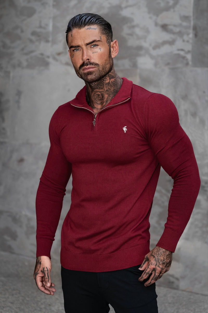 FS Brick Red Funnel Neck Knitted Jumper With FS Branding - FSN188