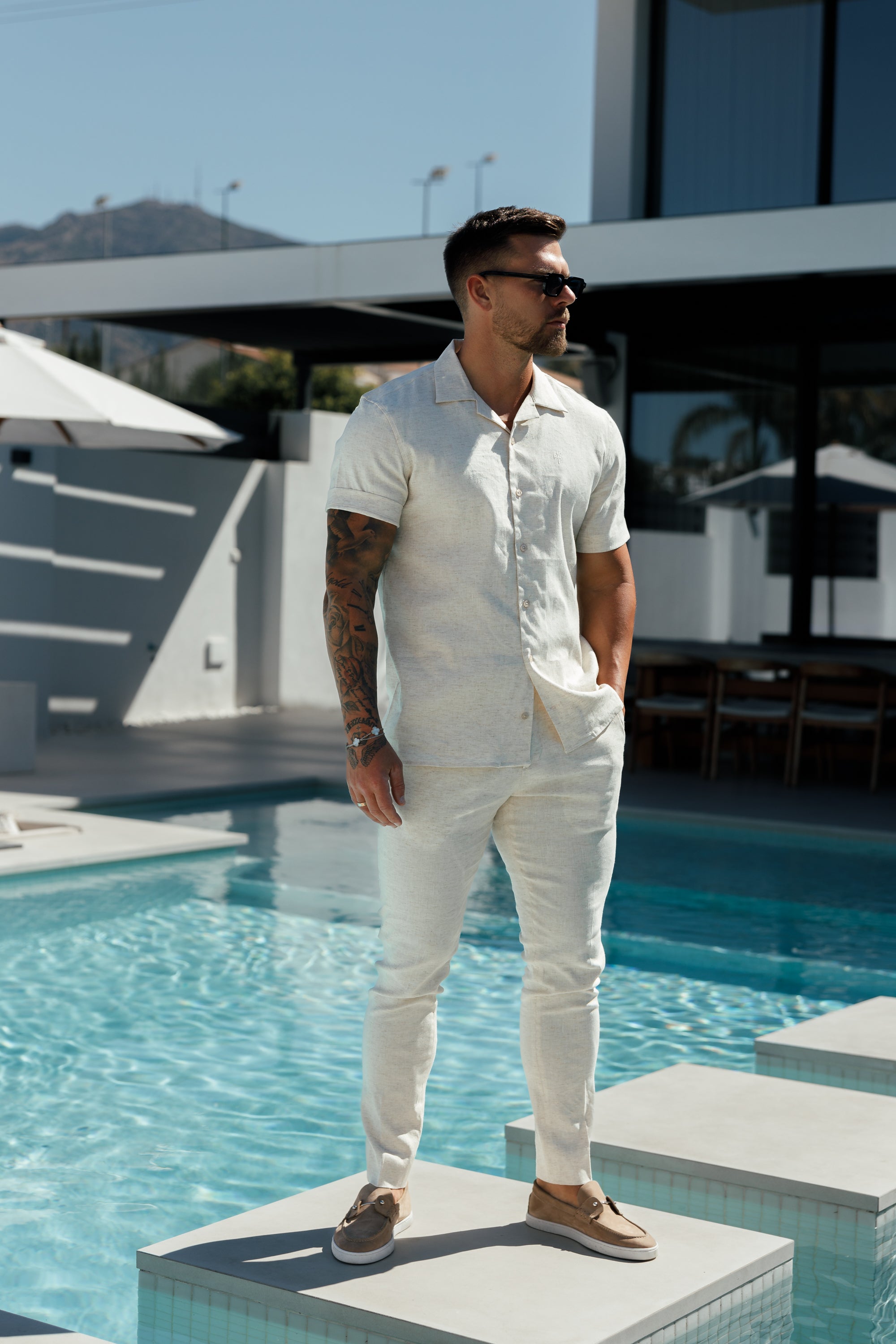 Hawaiian Boxy Stretch Natural Linen Short Sleeve with Revere Collar Short Sleeve - FS1071