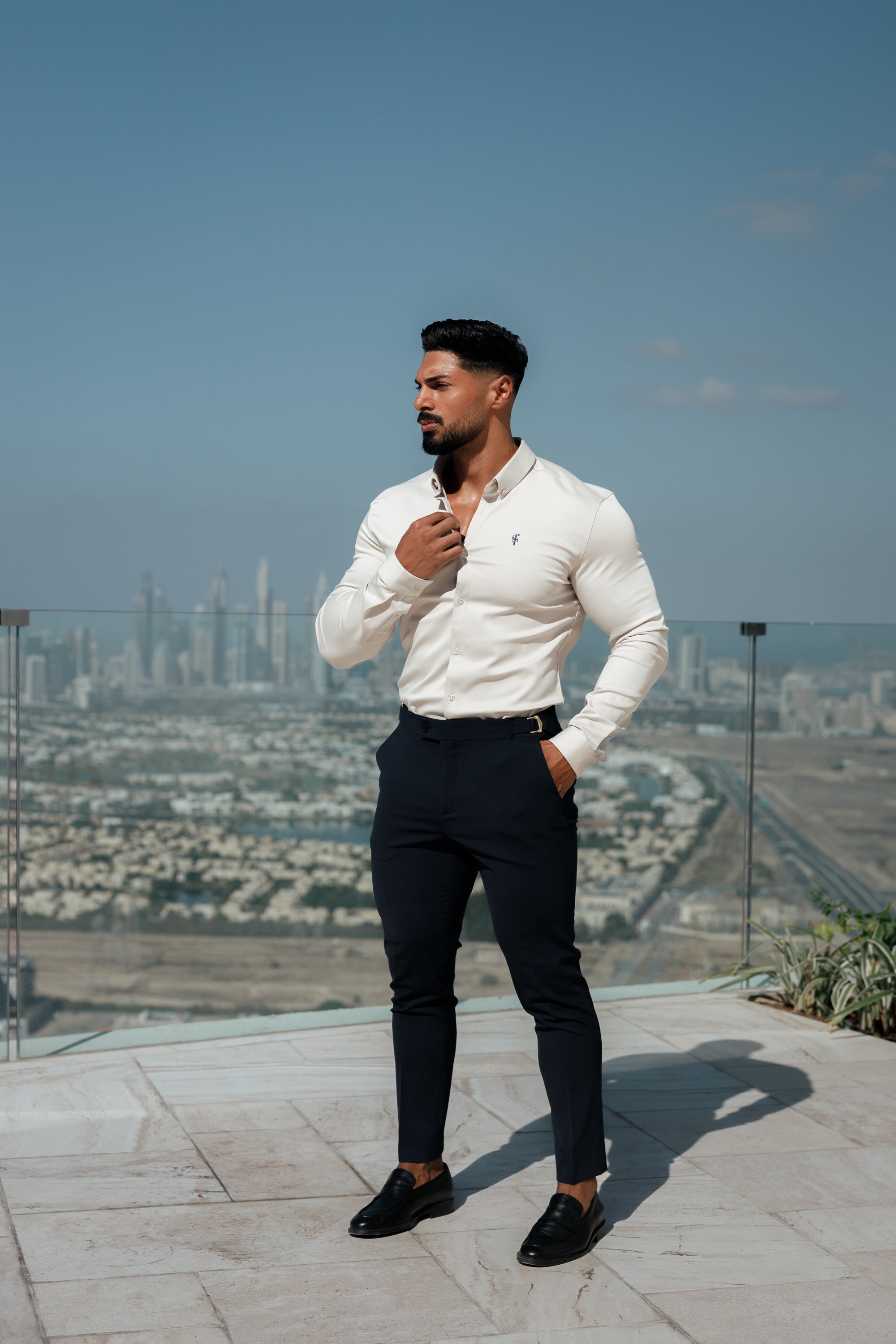 Super Slim Stretch Oatmeal Denim Long Sleeve With Button Down Collar - FS1024