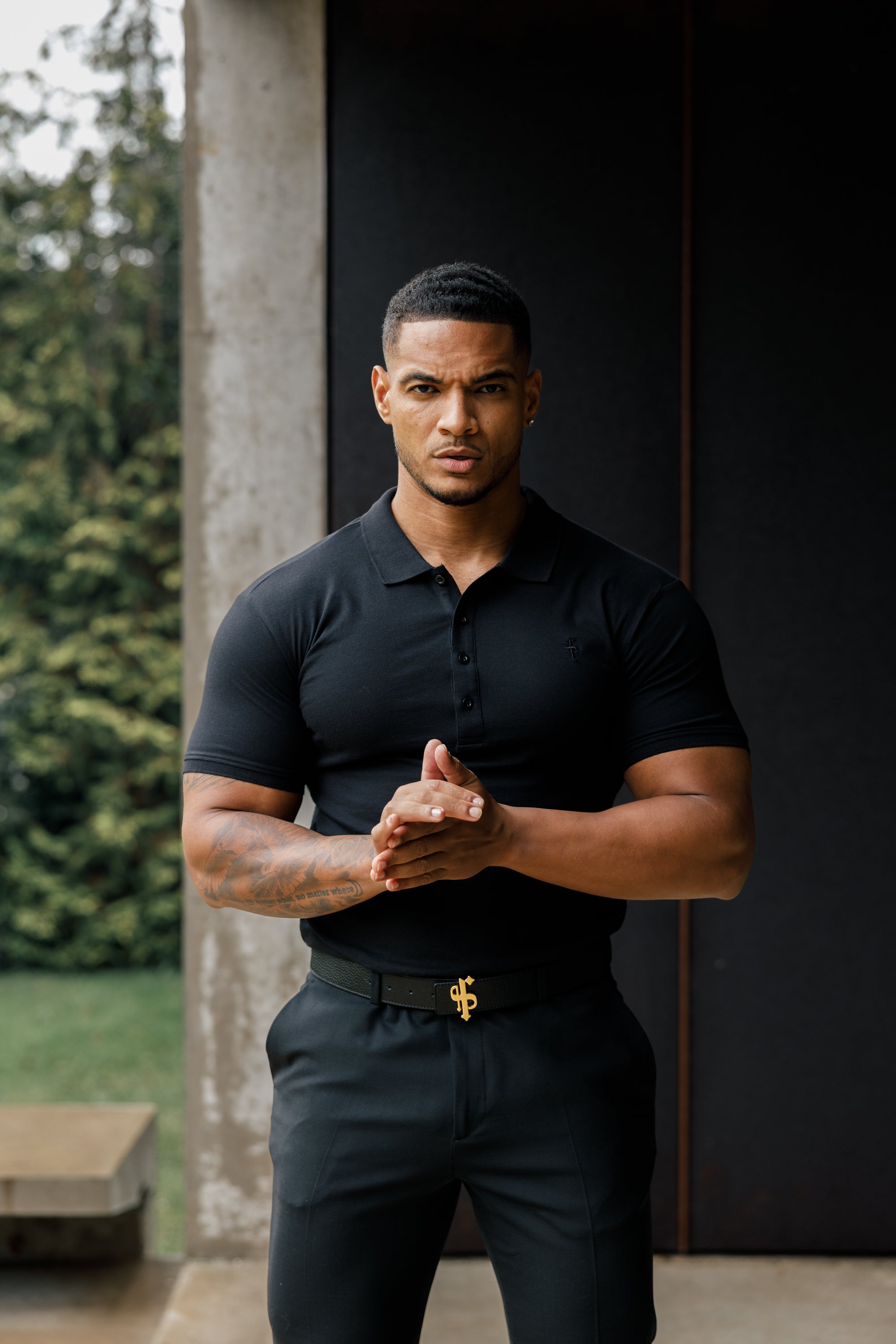 Classic Black Polo Shirt with Tonal Button and Embroidery - FSH824