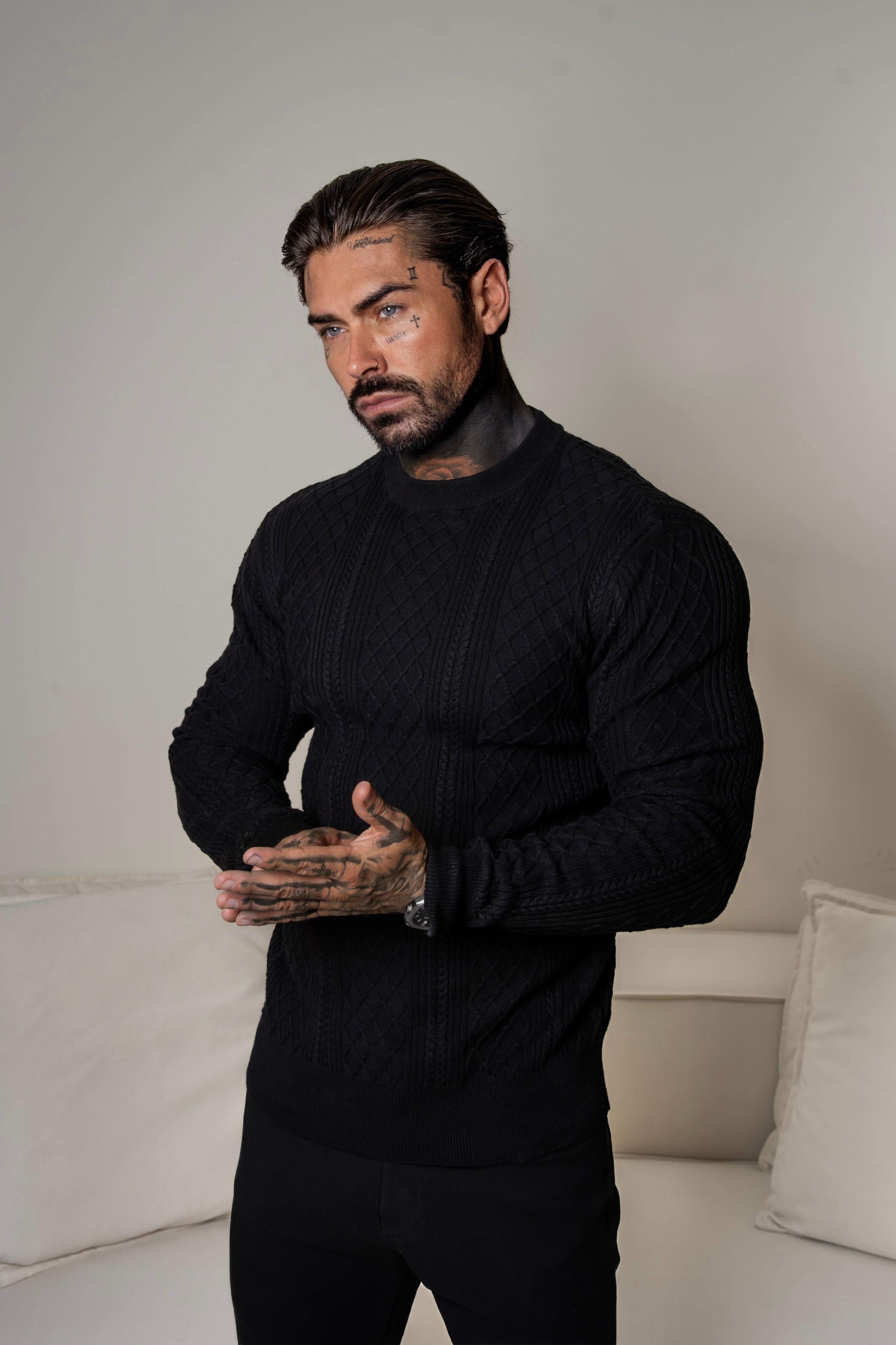 Fine Knit Diamond Black Jumper Long Sleeve  -  FSA006
