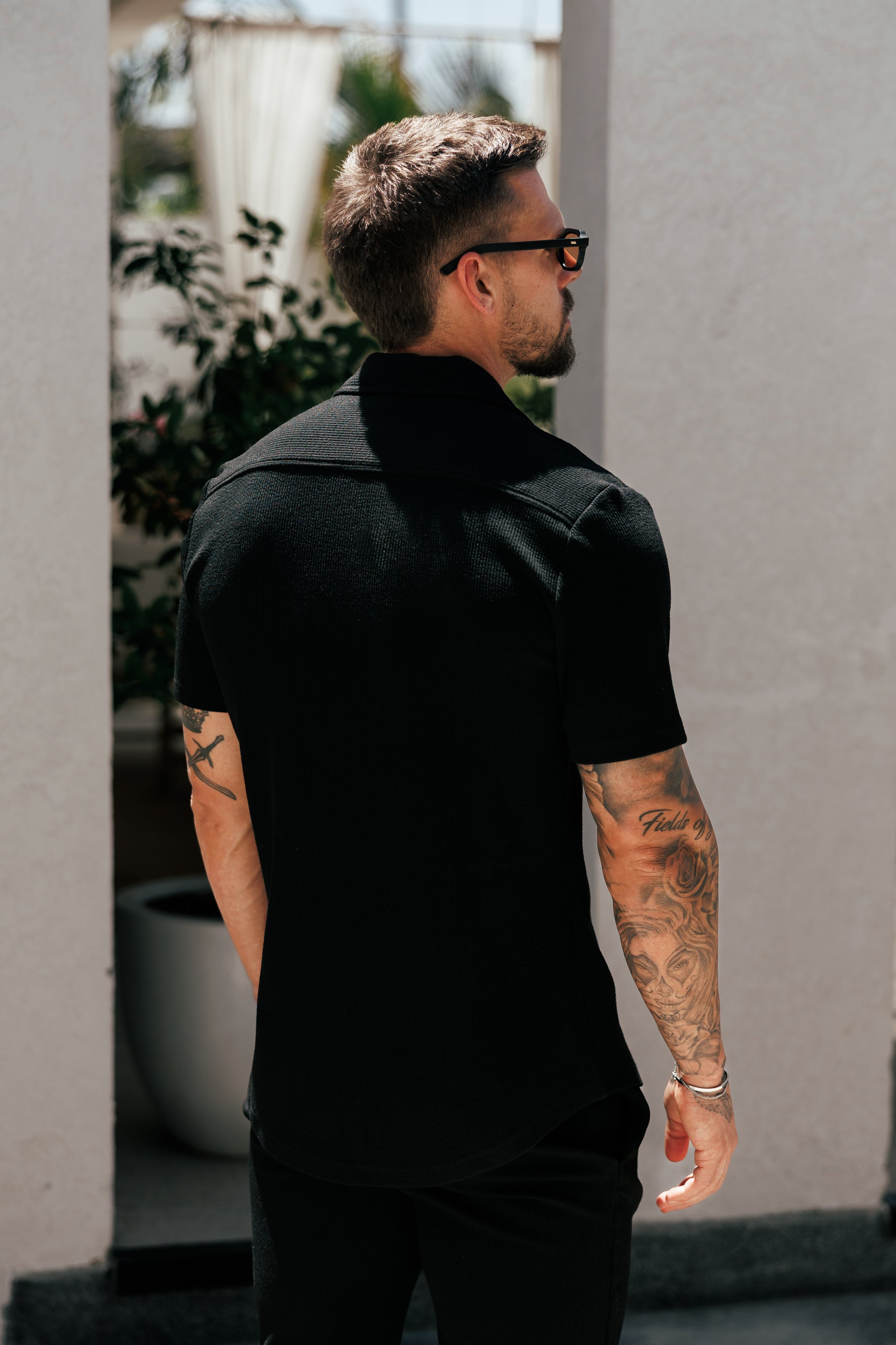 Jersey Cord Stretch Black Revere Shirt Short Sleeve - FSR070