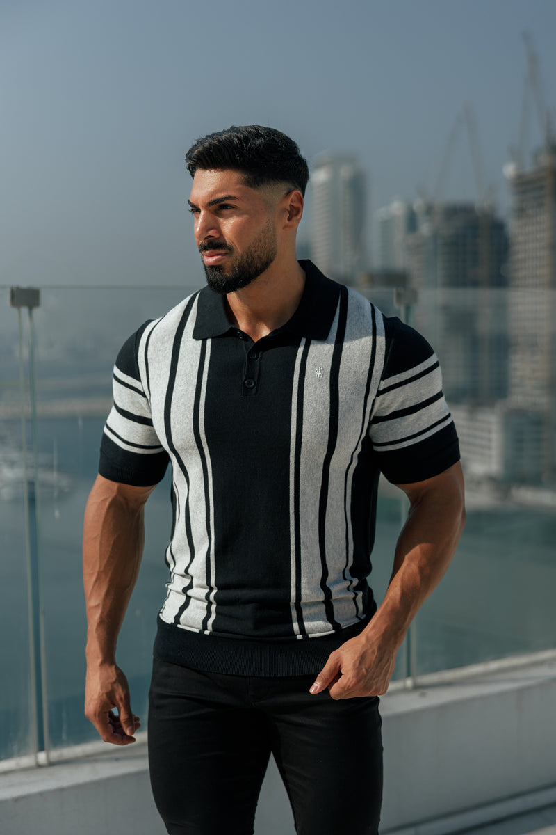 Father Sons Classic Black / Light Grey Knitted Vertical Stripe Polo Short Sleeve - FSN106