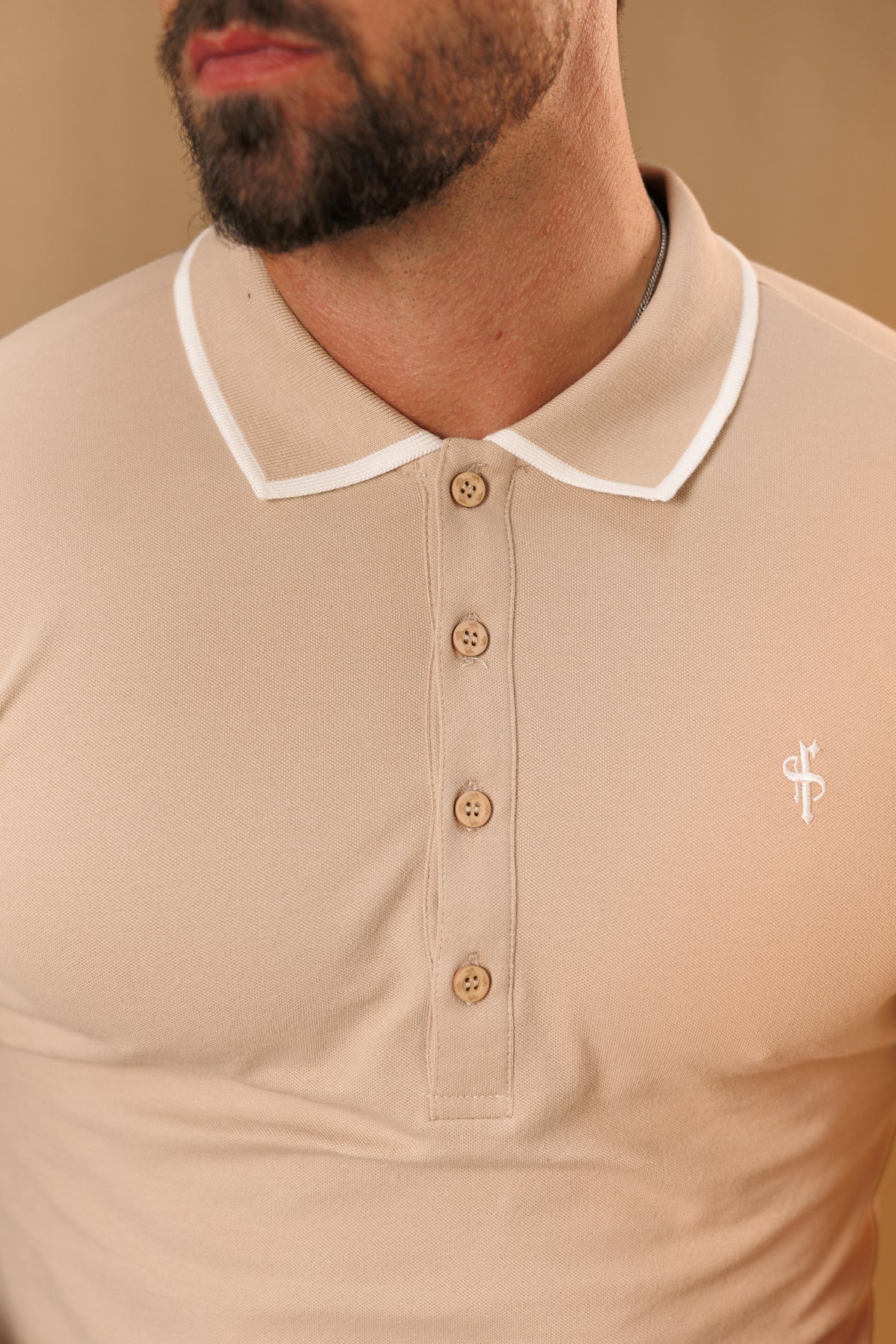 Beige / White Polo Shirt With Contrast Collar and Sleeve - FSH1672