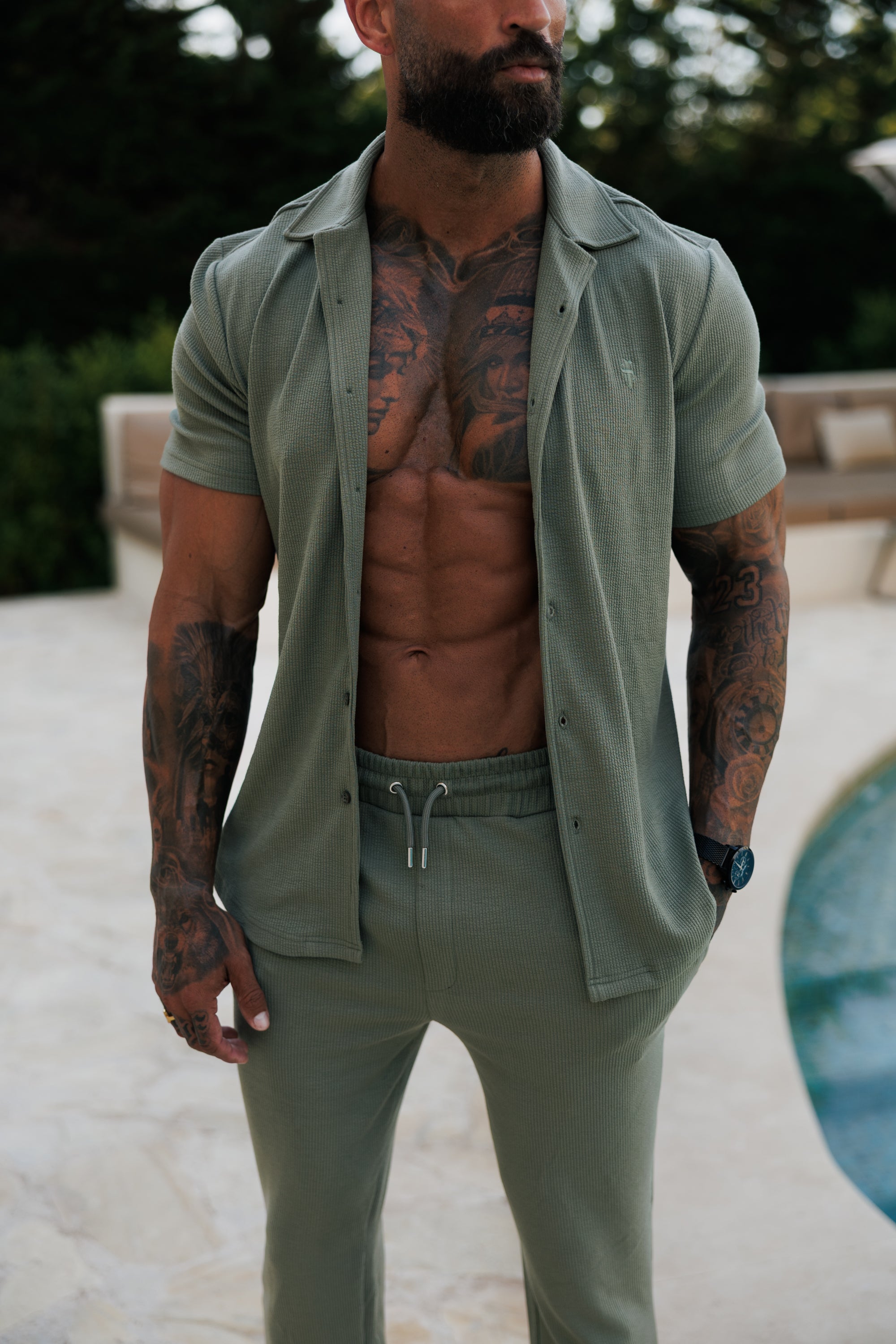 Jersey Cord Stretch Olive Revere Shirt Short Sleeve - FSR072 (PRE ORDER 30TH JUNE)