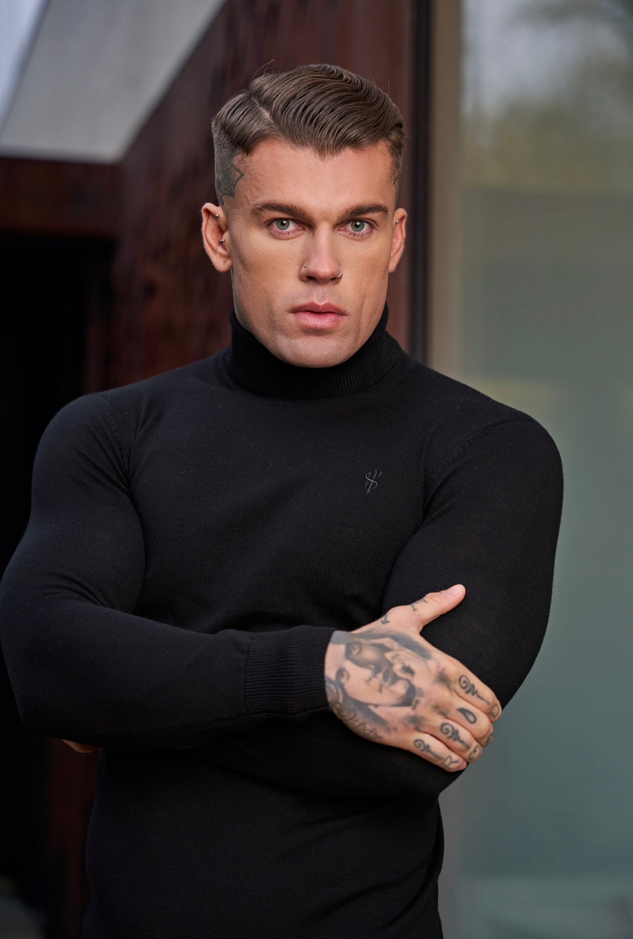 Classic Black Roll Neck Knitted Jumper With Tonal Emblem - FSN135