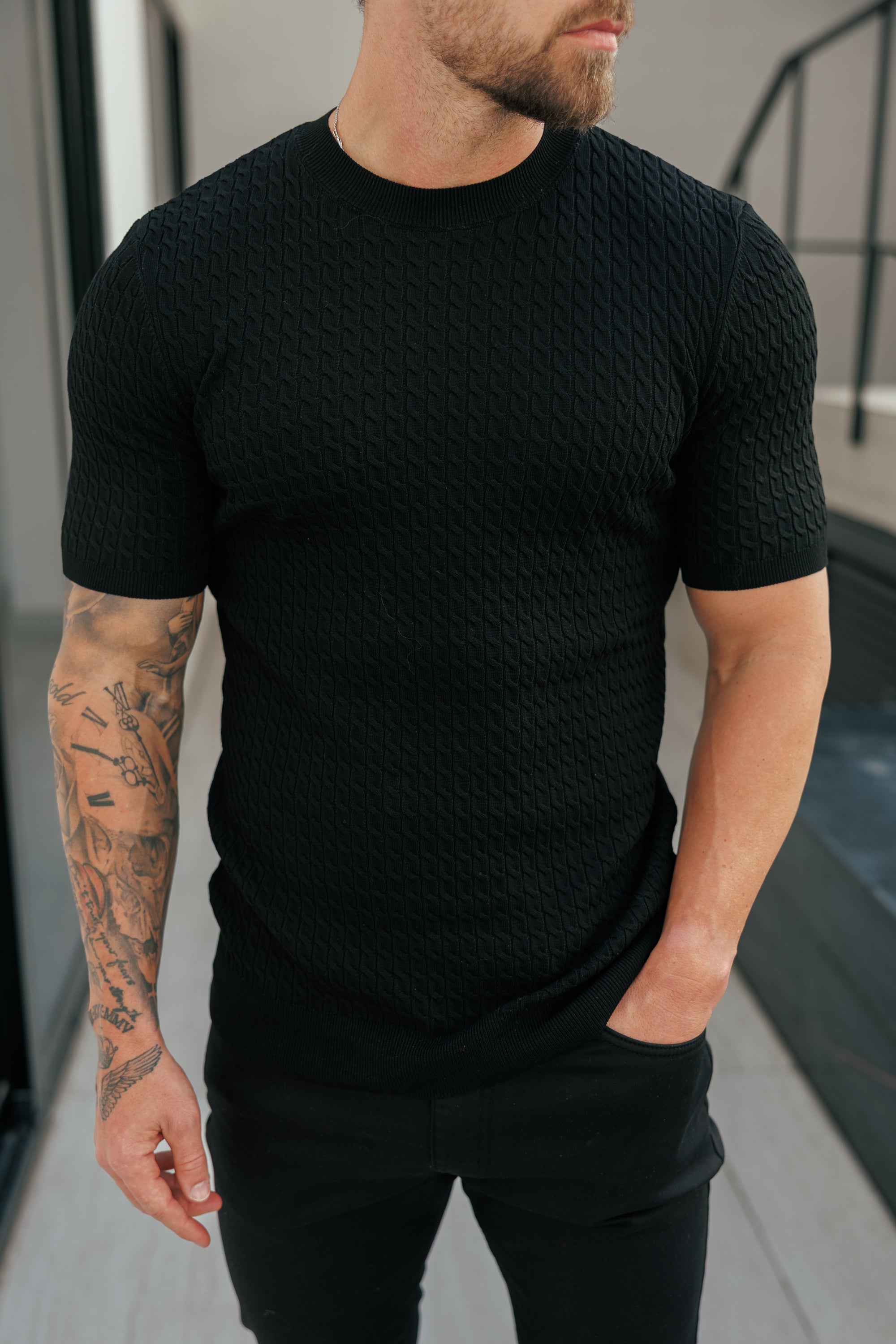 Front Chain Knit Crew Tshirt Black Short Sleeve  -  FSR055