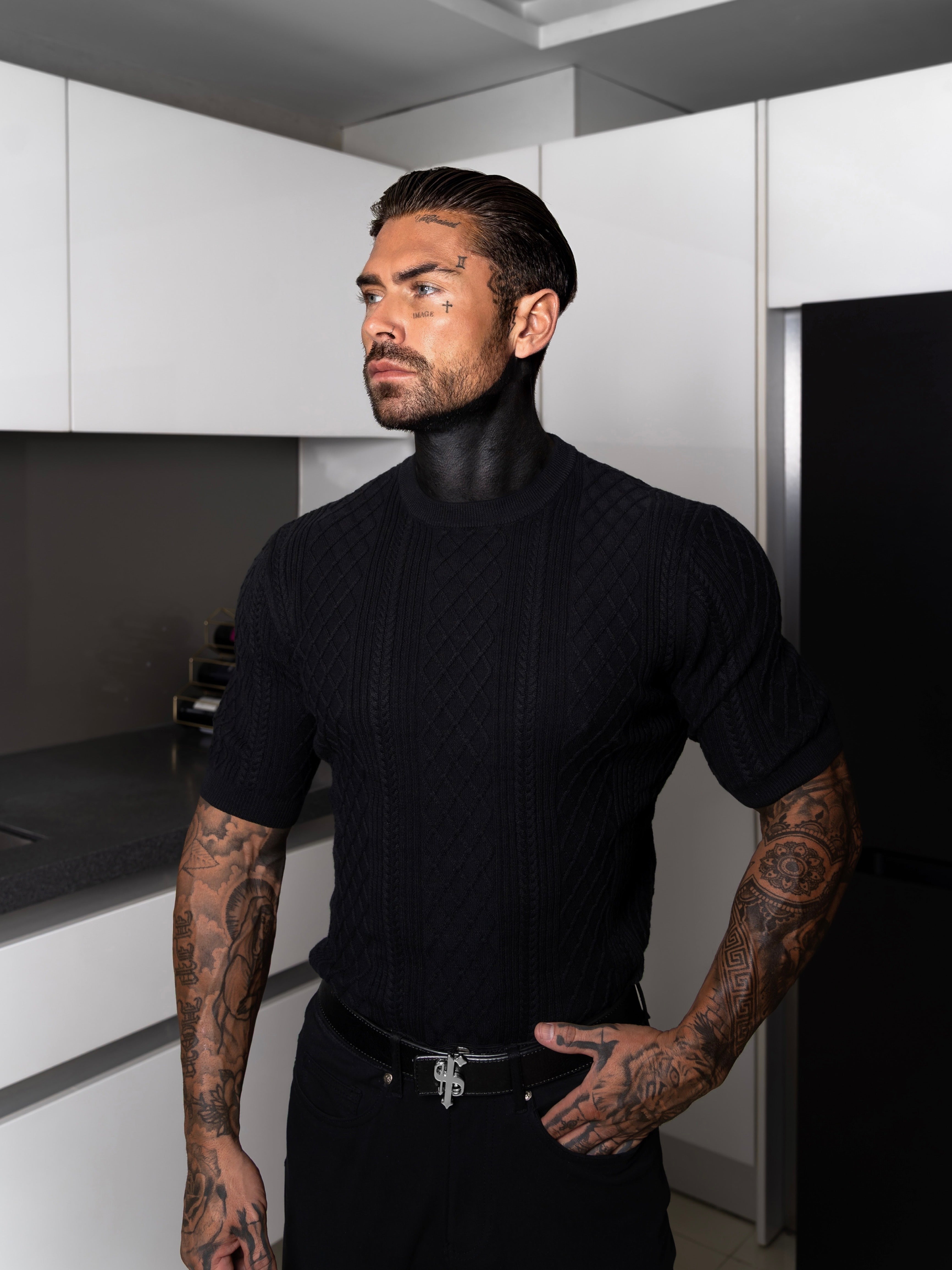 Fine Knit Diamond Black Jumper Short Sleeve - FSA010