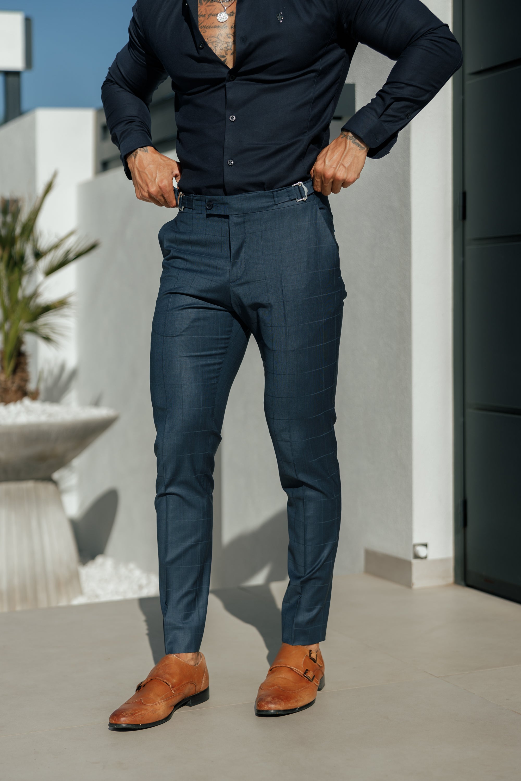 Slim Formal Navy Self Check Stretch Trousers with Side Adjusters - FST030