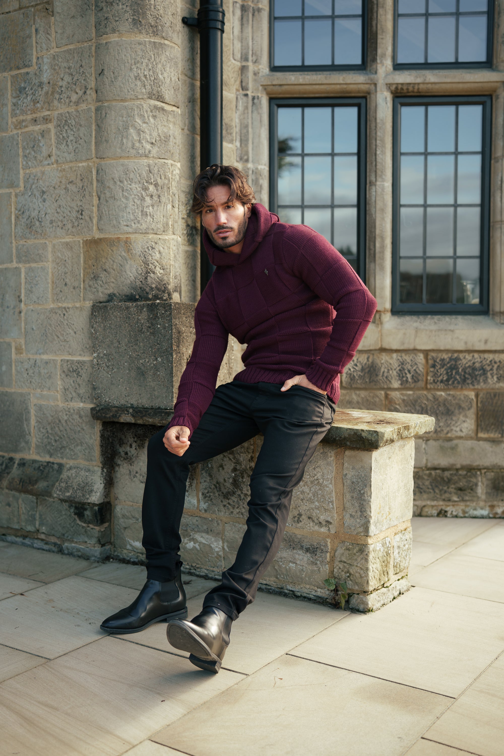 Wine Checkerboard Knitted Hoodie - FSJ139