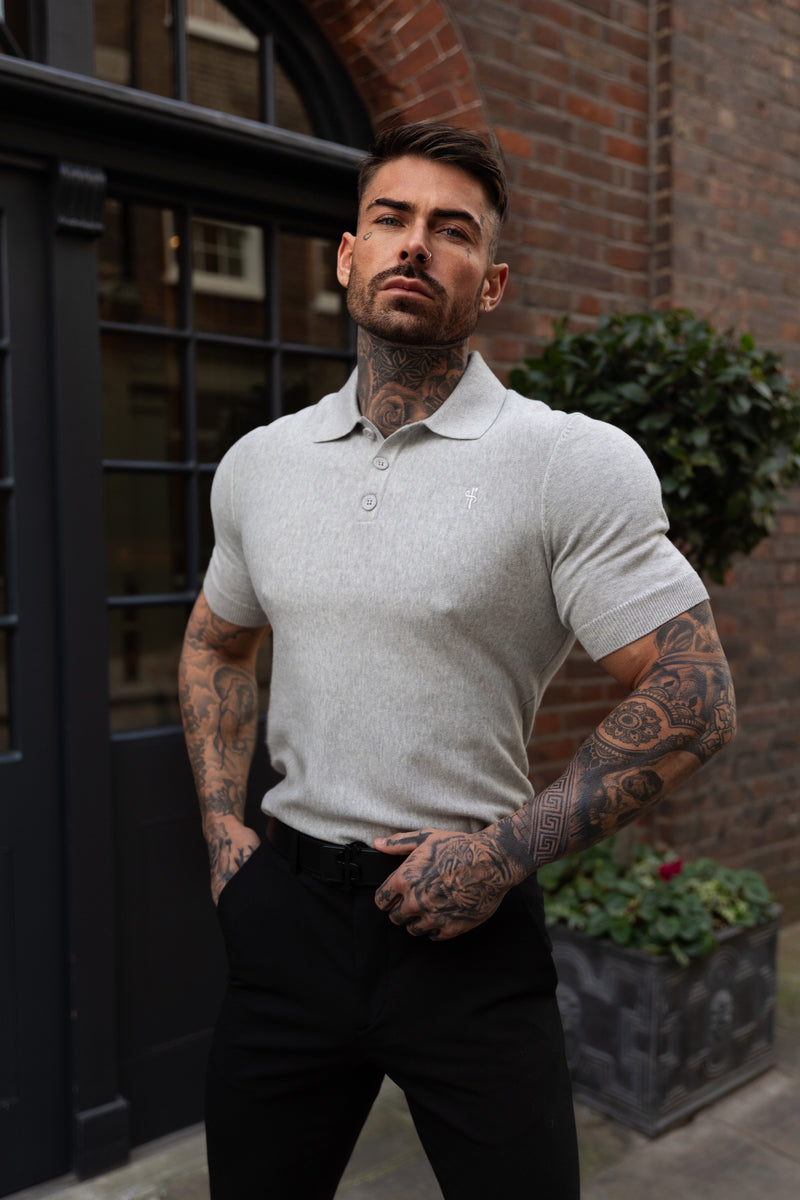 Father Sons Classic Plain Light Grey Knitted Polo Short Sleeve - FSN110