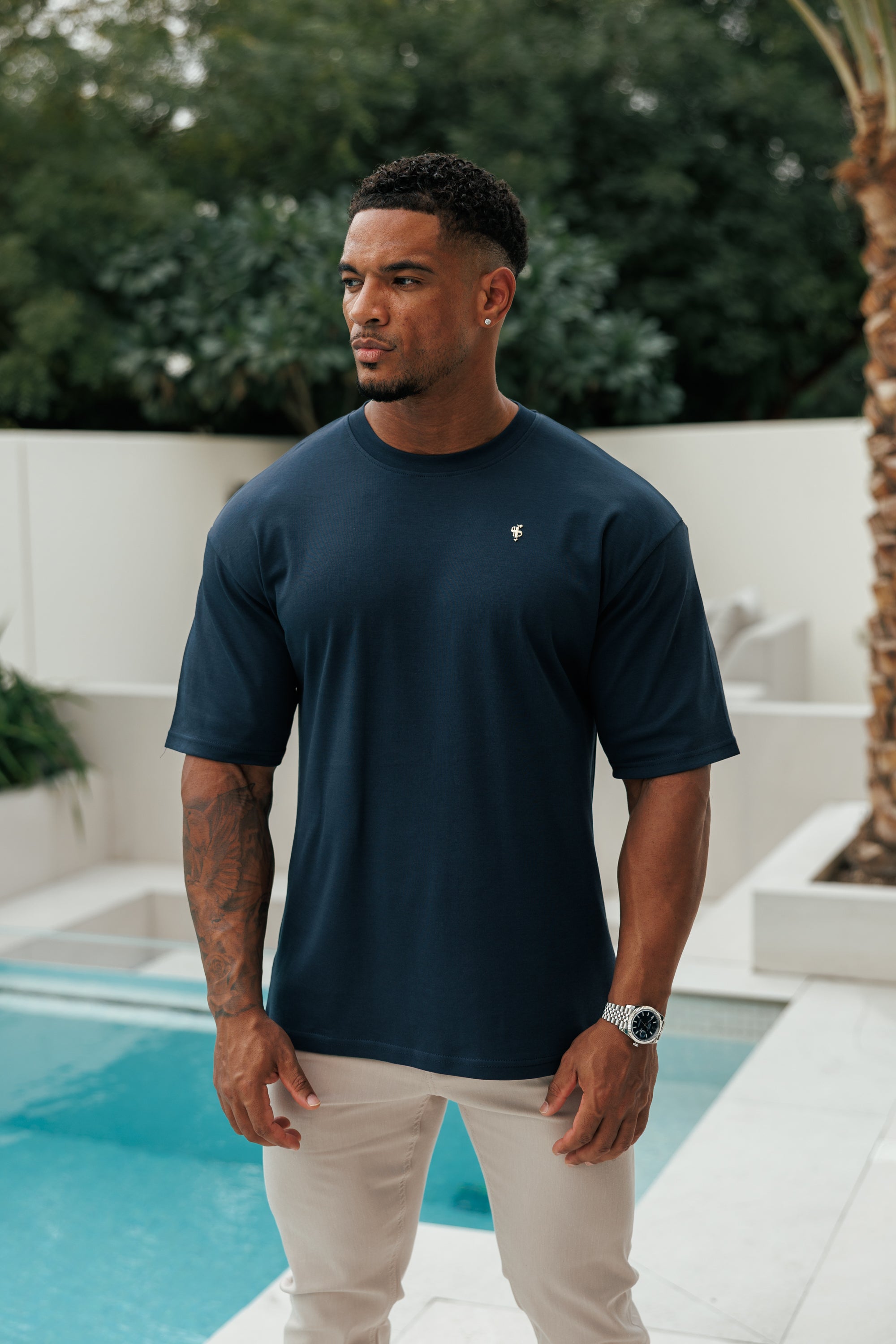 Navy / Gold Oversized Crew T Shirt - FSH1422