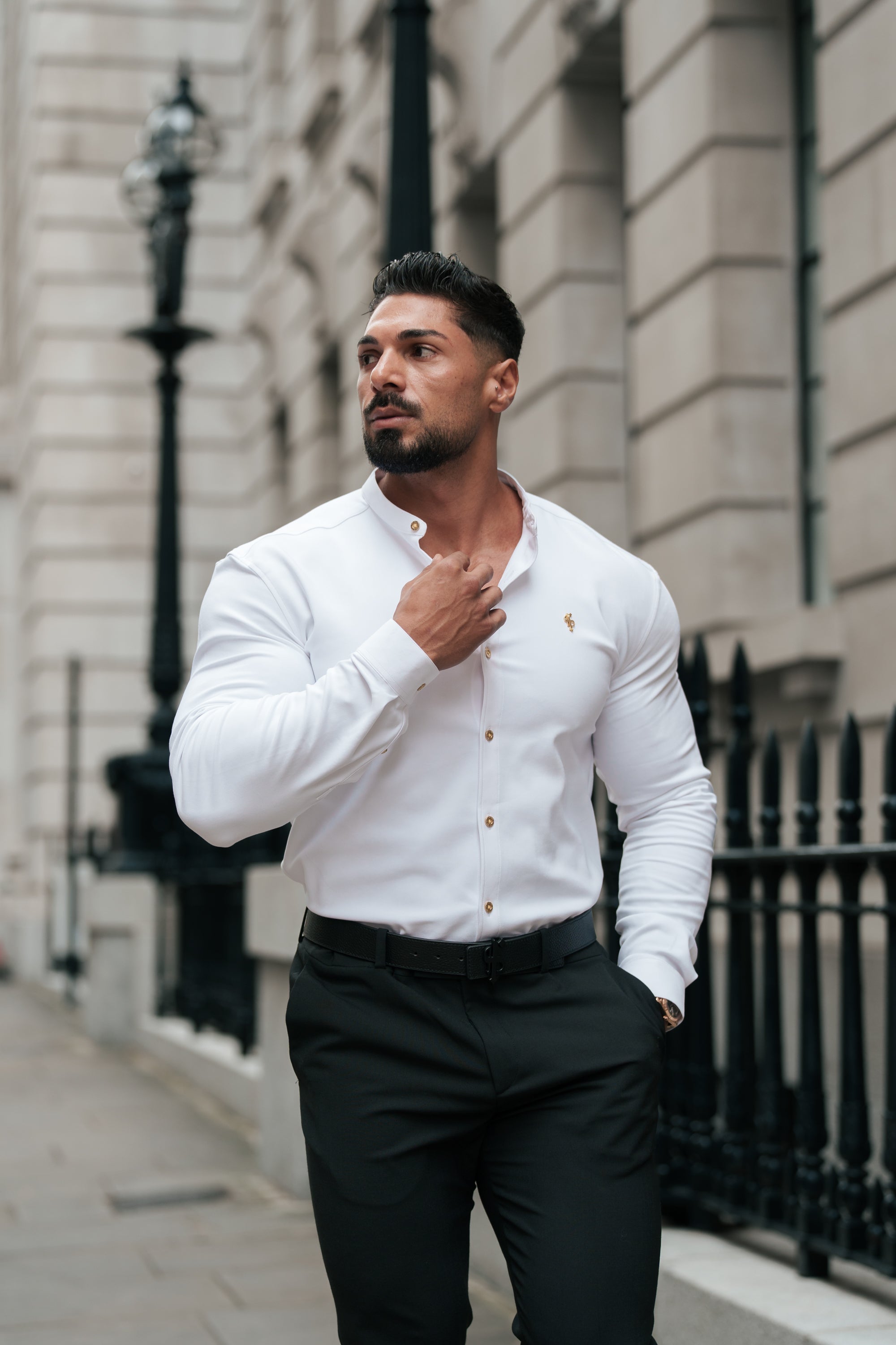 Super Slim Scuba White / Gold Long Sleeve Stretch with Grandad Collar - FS1193