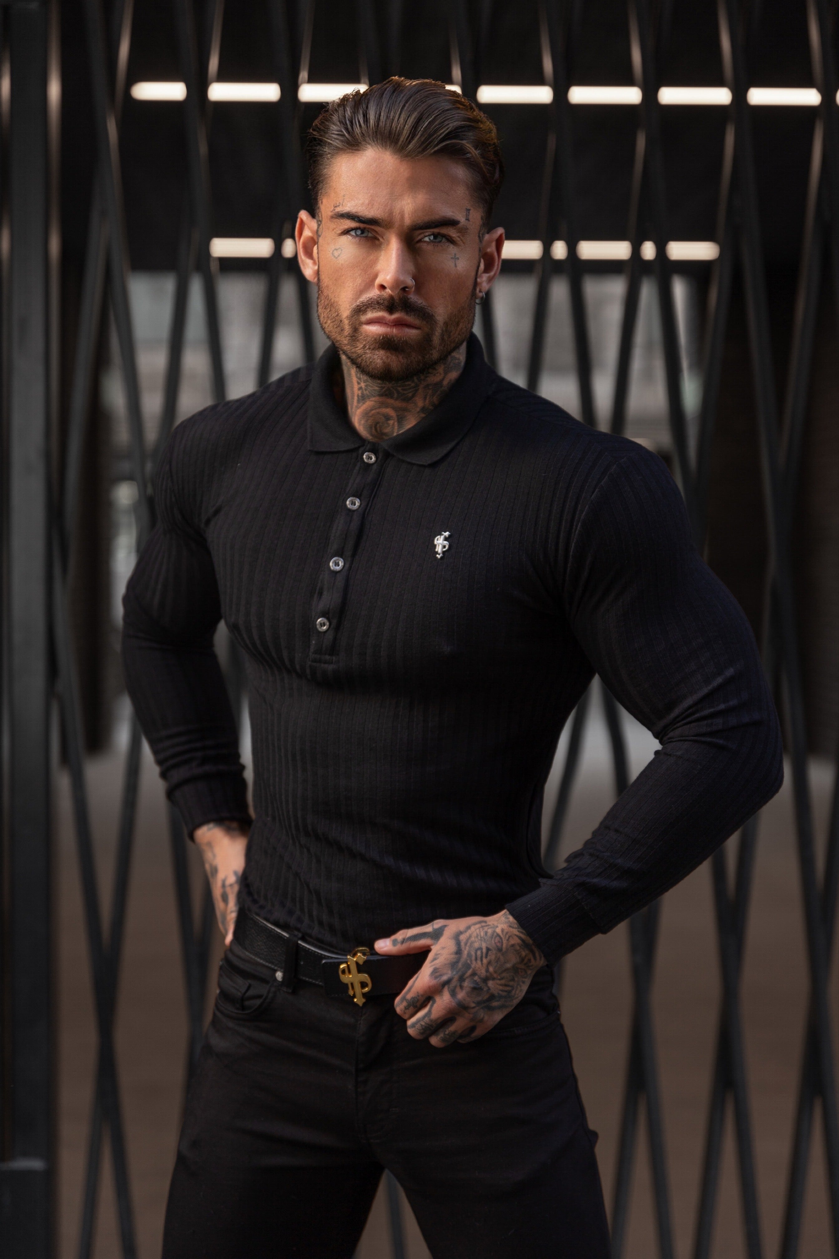 Classic Black Ribbed Polo Shirt Long Sleeve With Silver Decal - FSH967