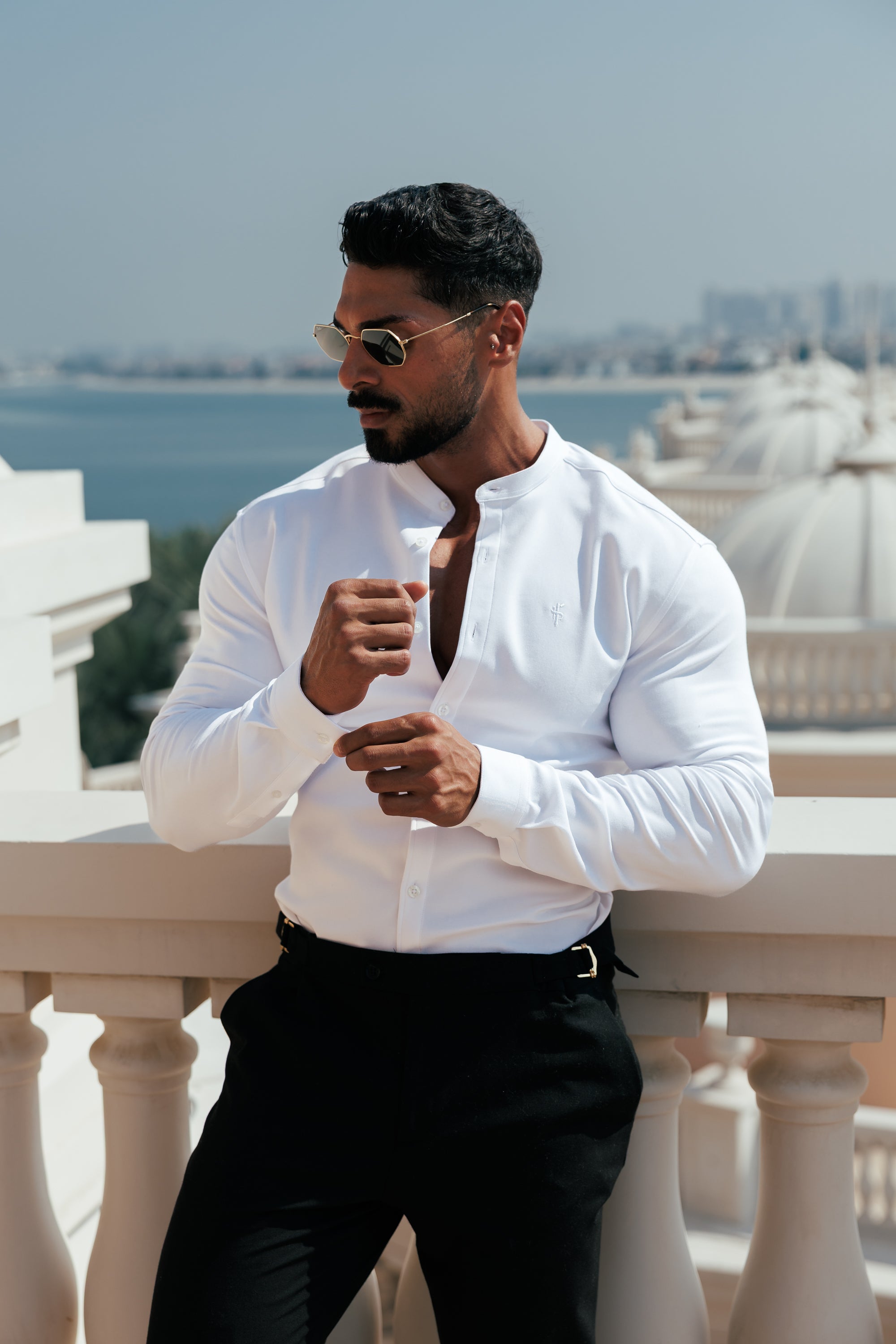 Super Slim Scuba White Long Sleeve Stretch with Grandad Collar - FS1170