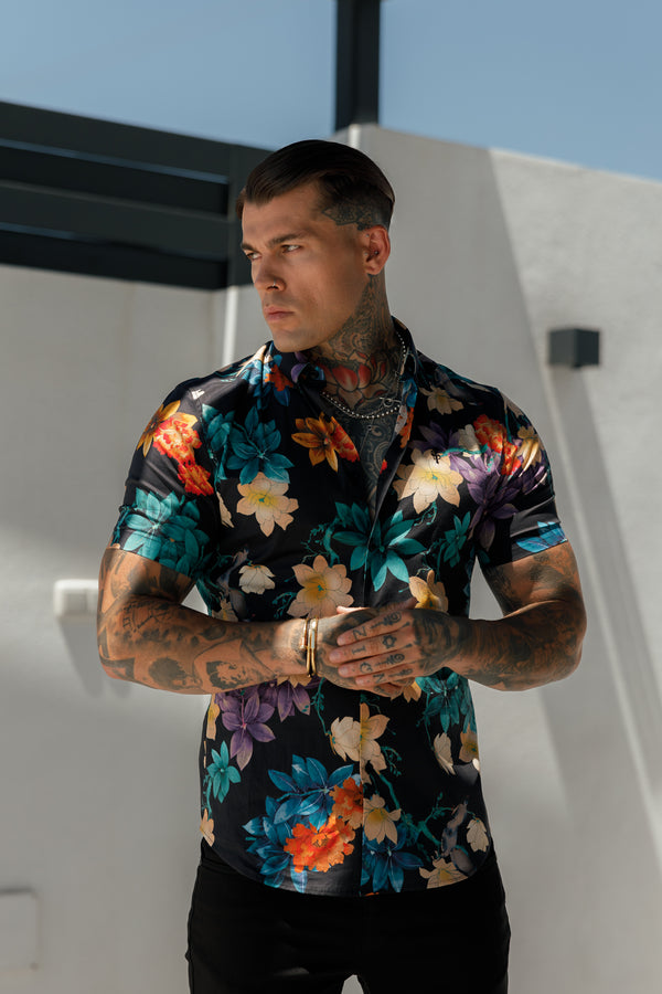 Classic Stretch SS Black Vibrant Floral Print Button Down Collar - FS1104