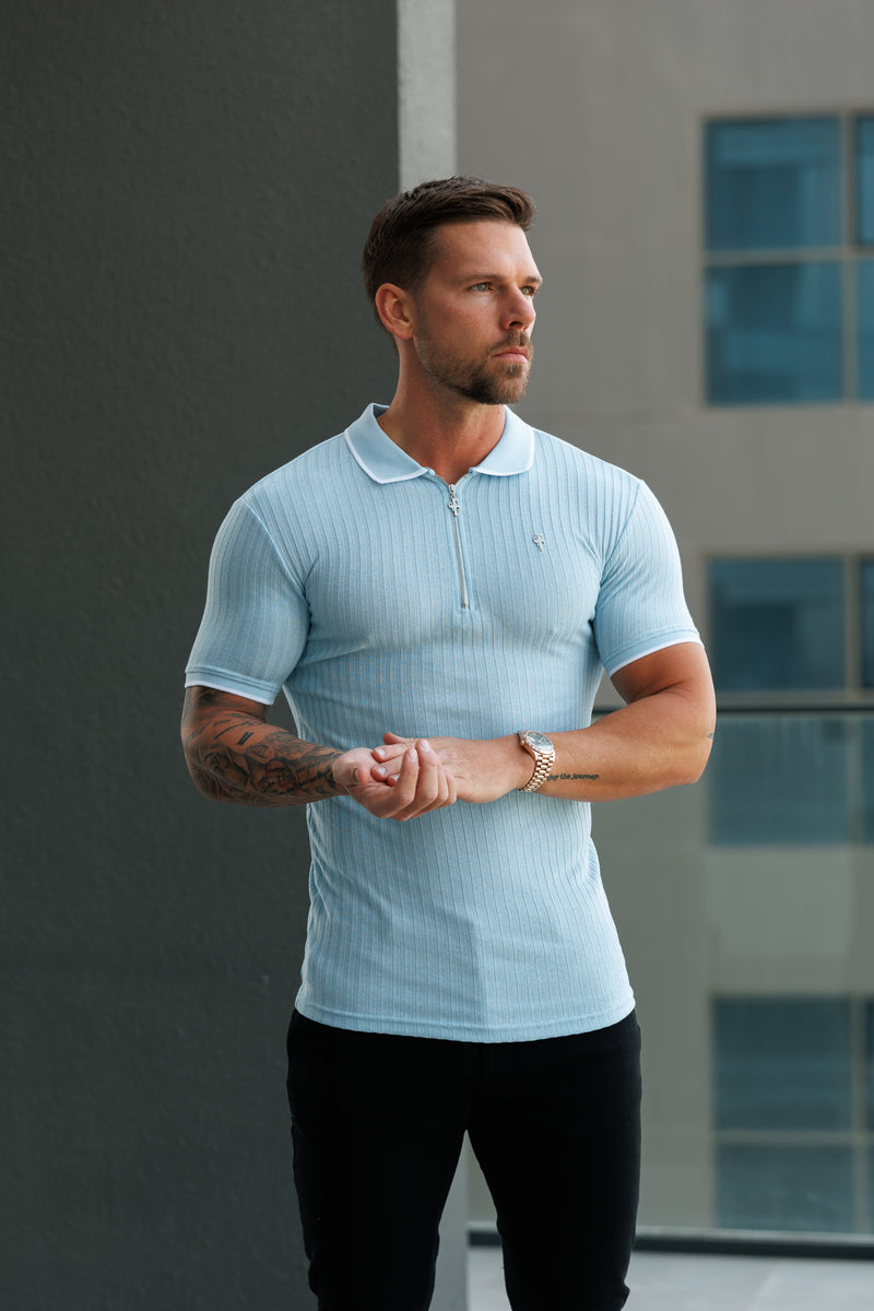 FS Classic Powder Blue Ribbed Zip Polo with Contrast Short Sleeve - FSH1106