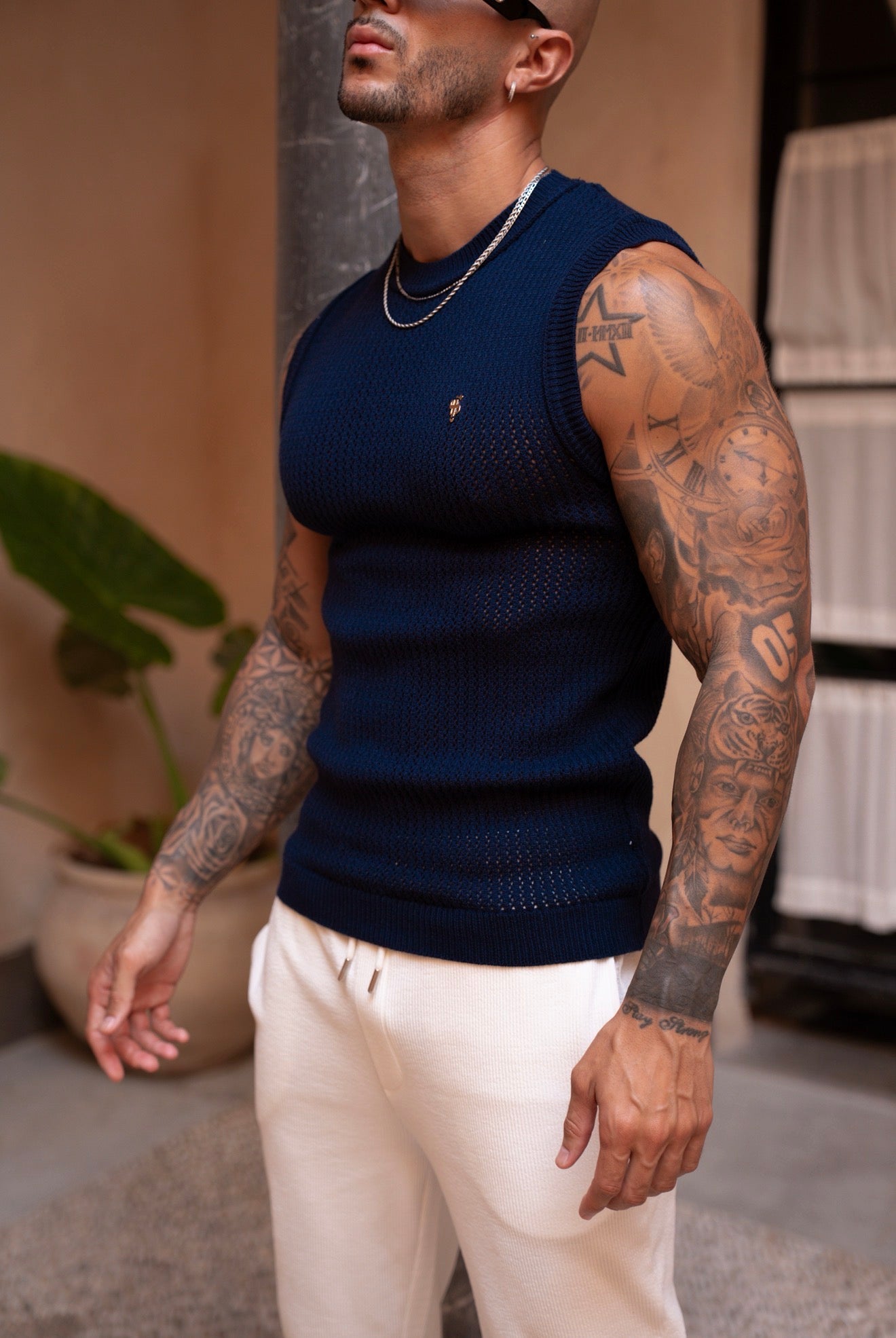 Navy / Gold Viscose Crochet Knitted Vest - FSJ168 (PRE ORDER 17TH JULY)