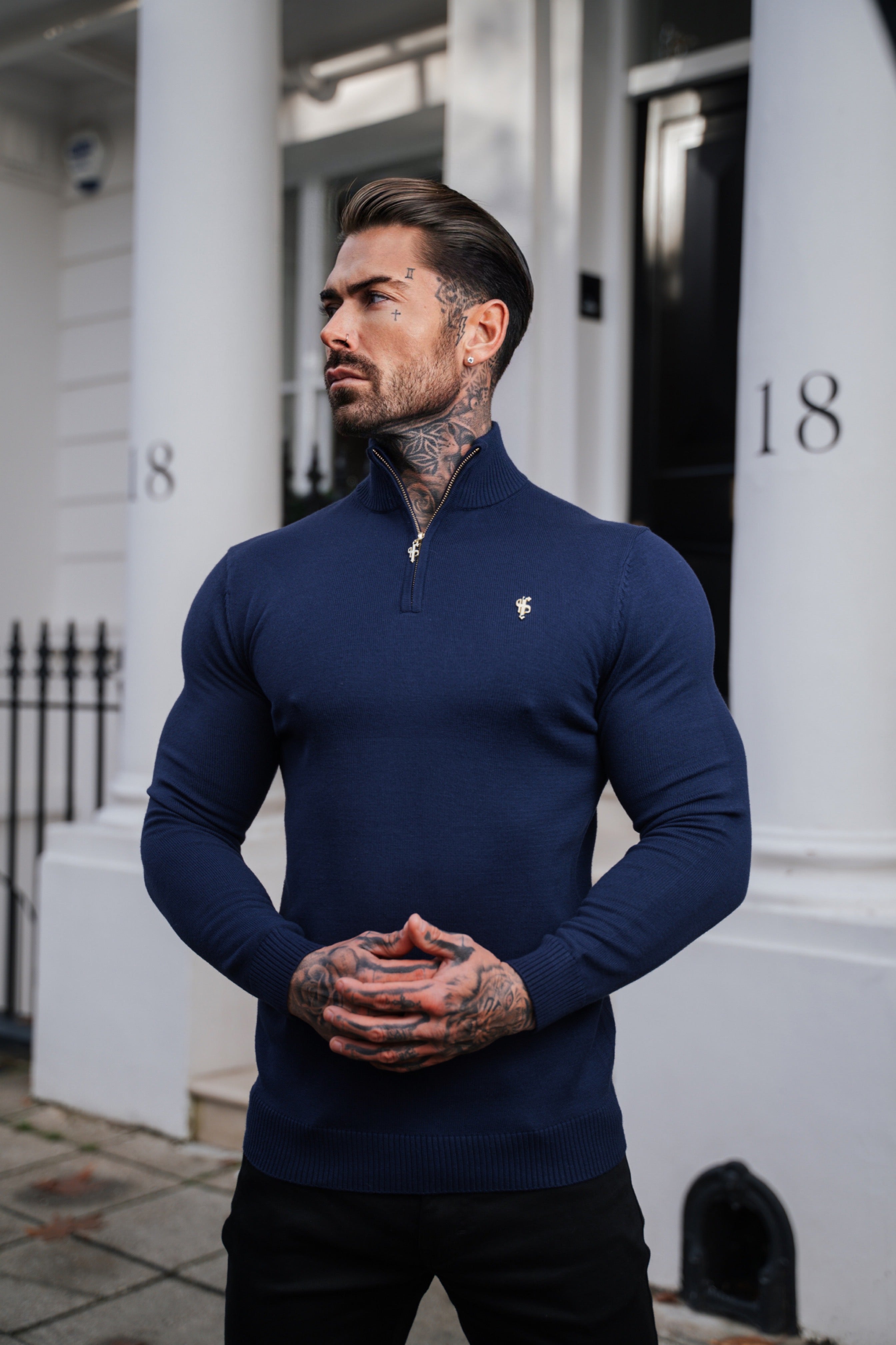 Navy Funnel Neck 1/2 Zip Knitted Jumper - FSN122