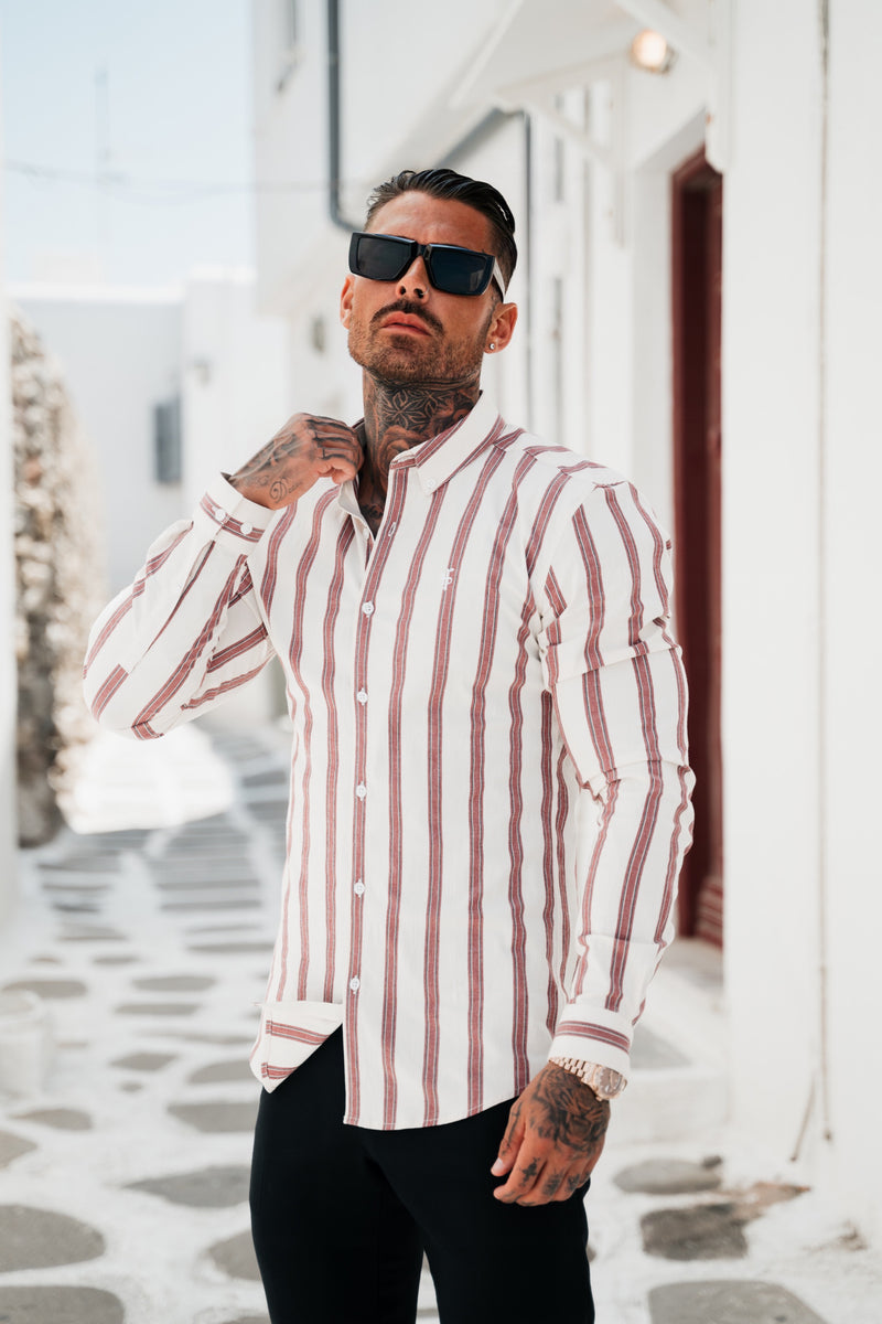Father Sons Super Slim Stretch Off White / Burgundy Woven Stripe Long Sleeve Sleeve with Button Down Collar - FS973