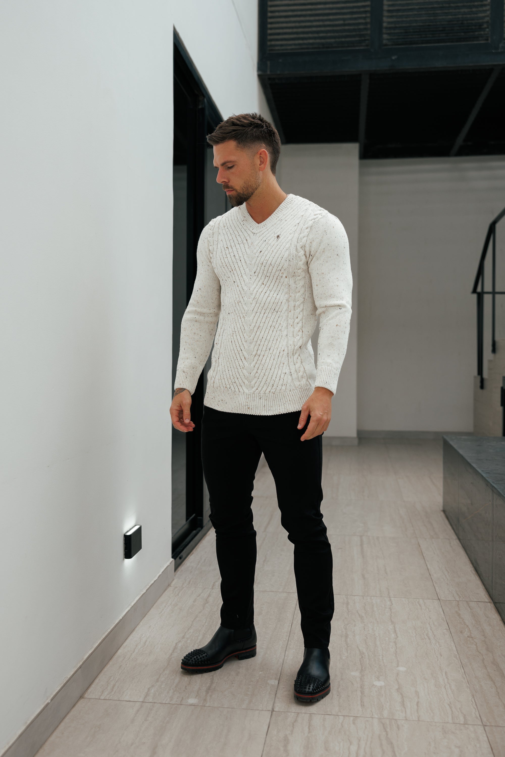 Chevron Front Beige Fleck V Neck Jumper - FSJ153