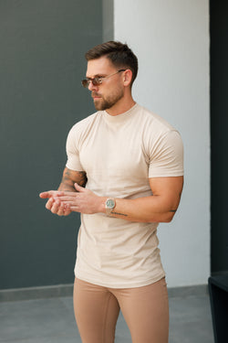 FS Ribbed High Neck Crew Short Sleeve Beige - FSH1141