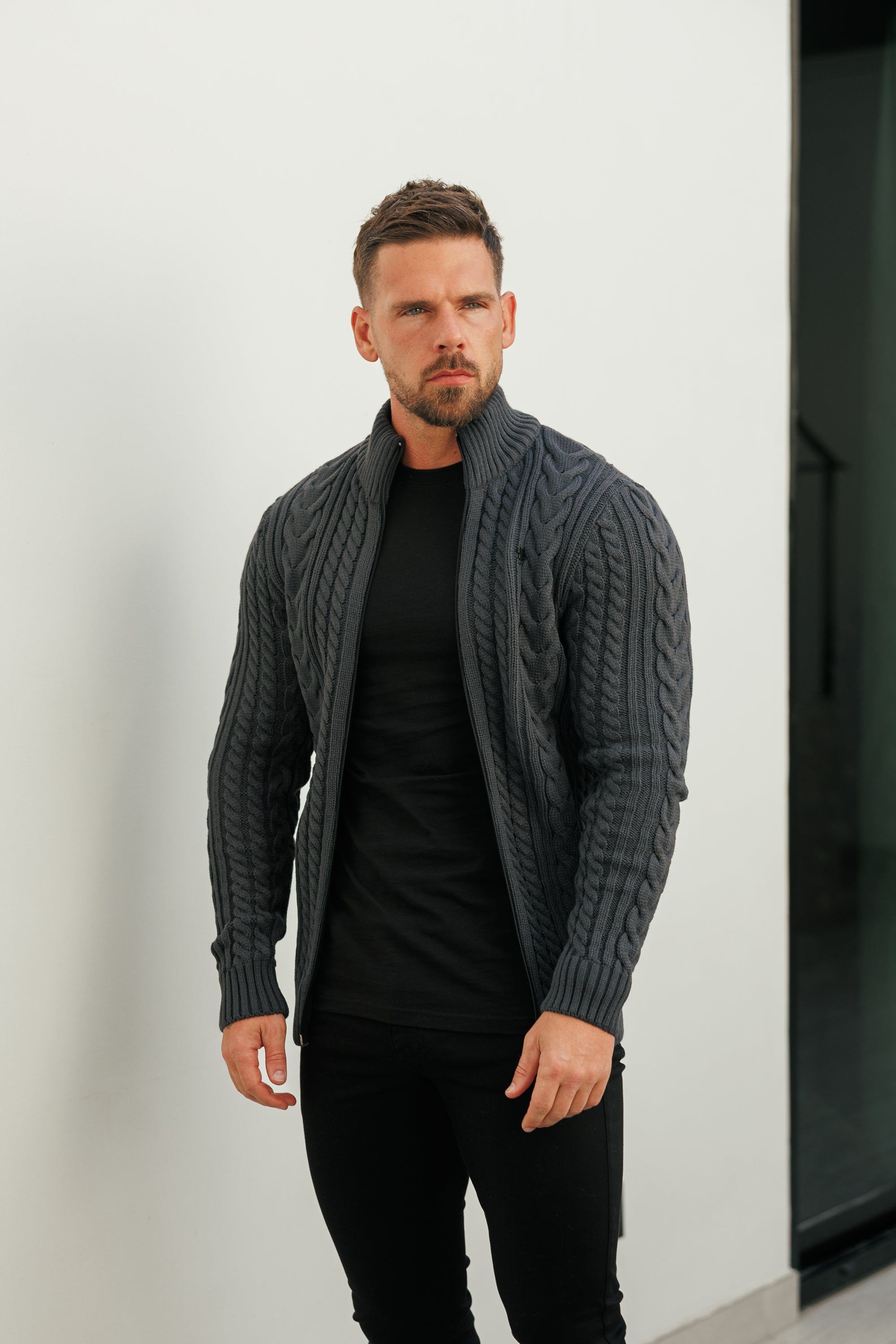 Funnel Neck Full Zip Cardigan Gunpowder -  FSJ147