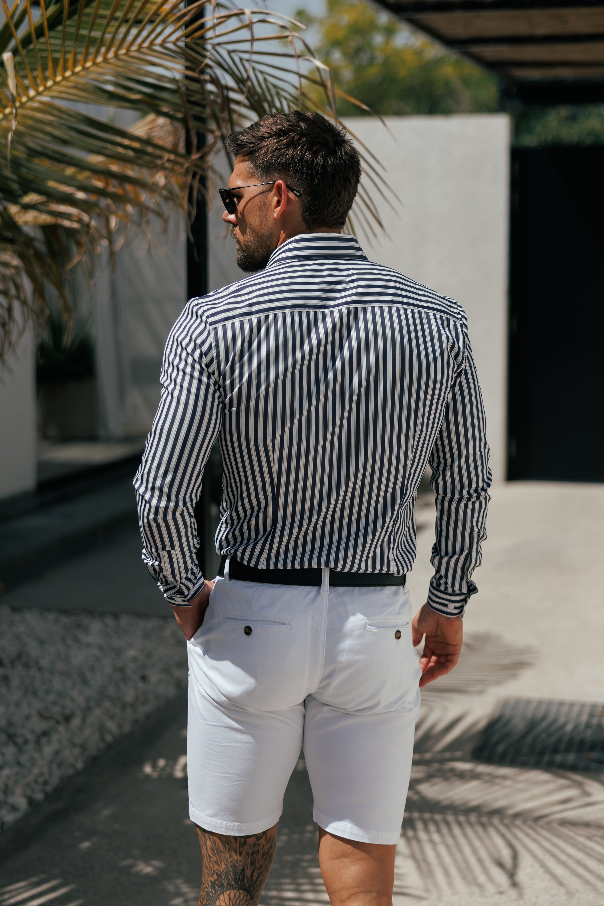Super Slim Stretch Sateen Touch White / Navy Double Stripe Long Sleeve  -  FS1287 (PRE ORDER 28TH AUGUST)