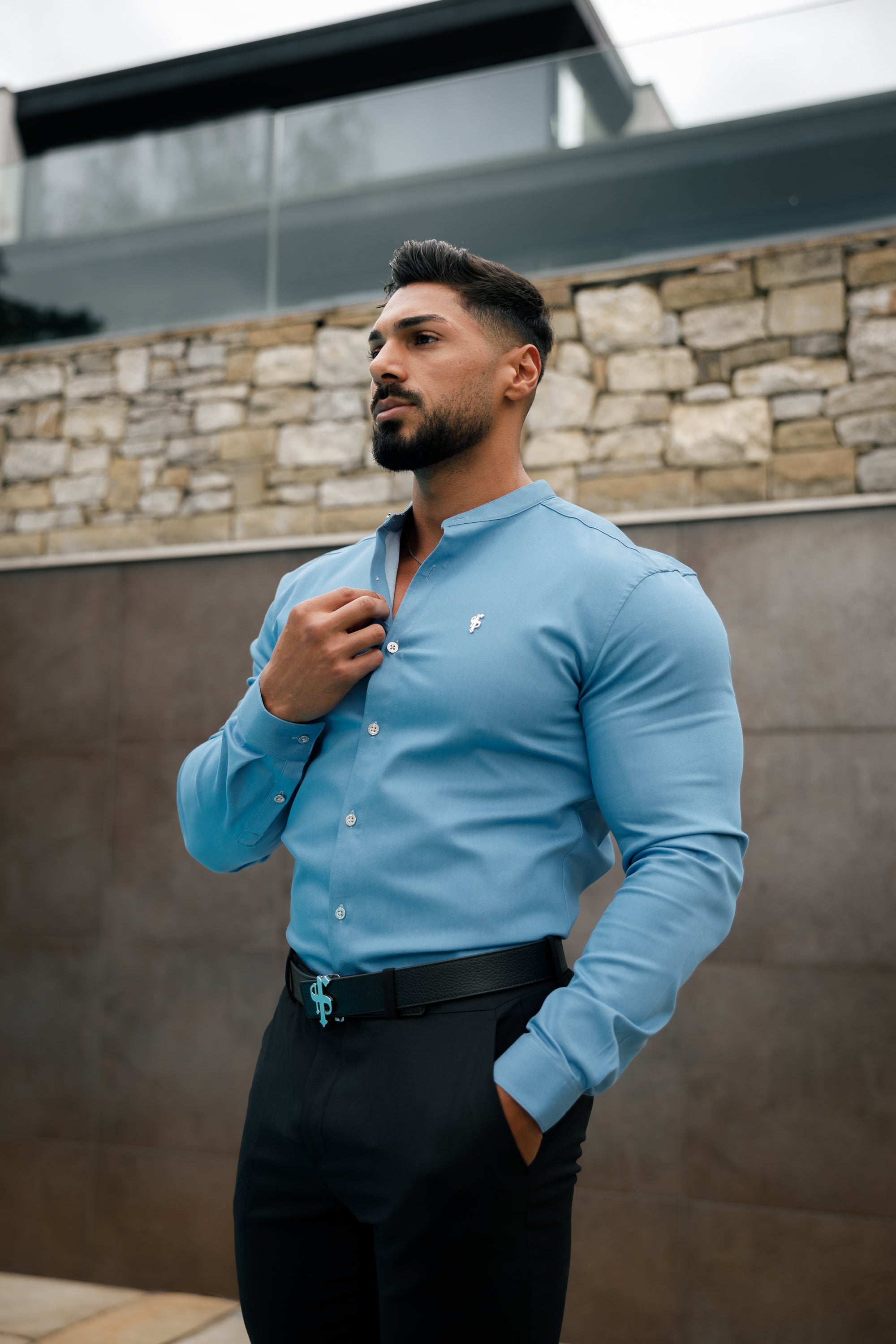 Super Slim Stretch Light Blue Denim Long Sleeve Grandad collar with Metal Buttons and Decal Emblem - FS717