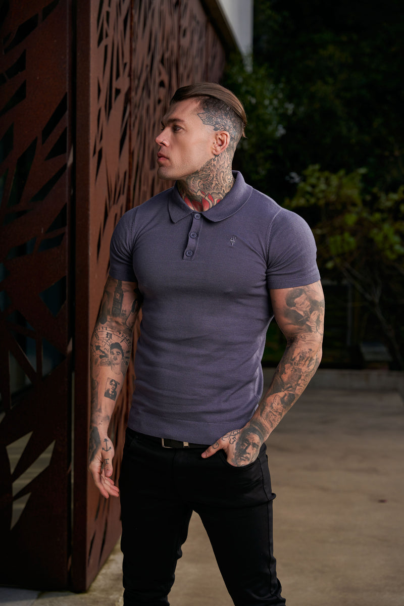 Father Sons Classic Gunmetal Knitted Polo Jumper Short Sleeve With Tonal FS Embroidery- FSN145
