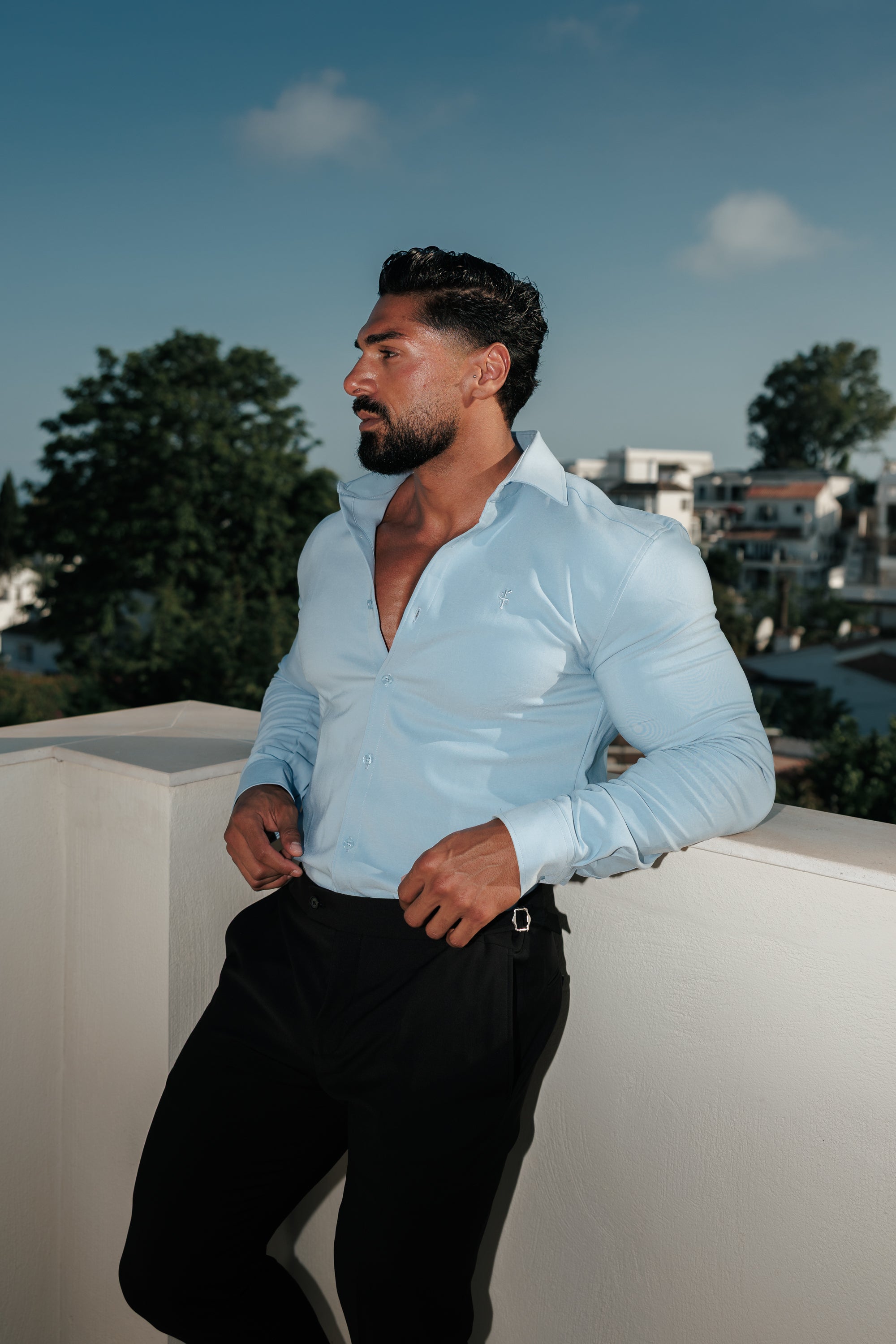 Super Slim Scuba Light Blue Long Sleeve Stretch with Cutaway Collar - FS1235