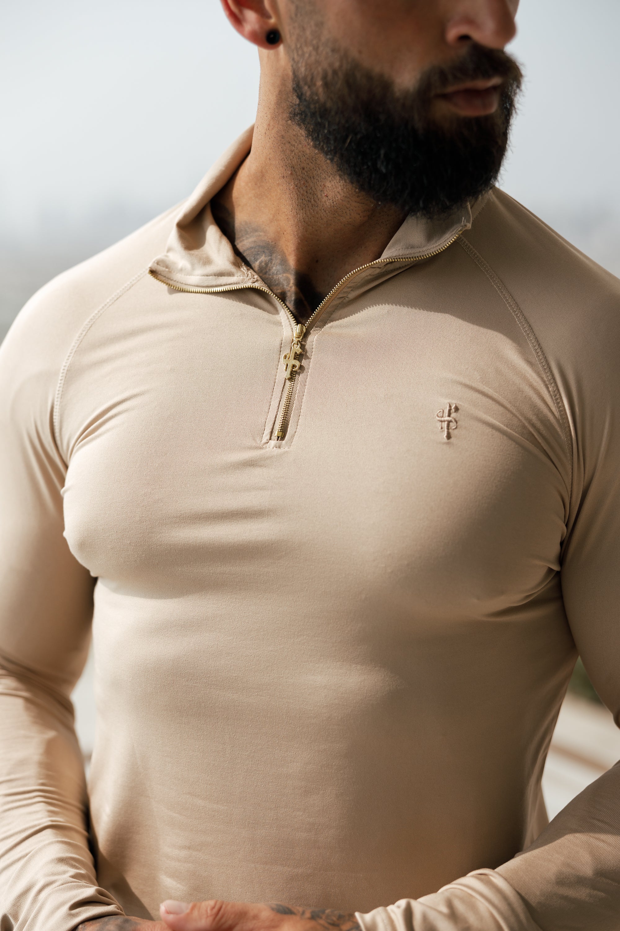 Long Sleeve Beige / Gold Half Zip Gym Top - FSH892