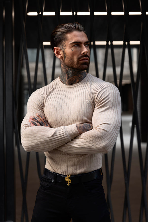 Father Sons Classic Beige Ribbed Knit Jumper With Tonal Embroidery - FSH950