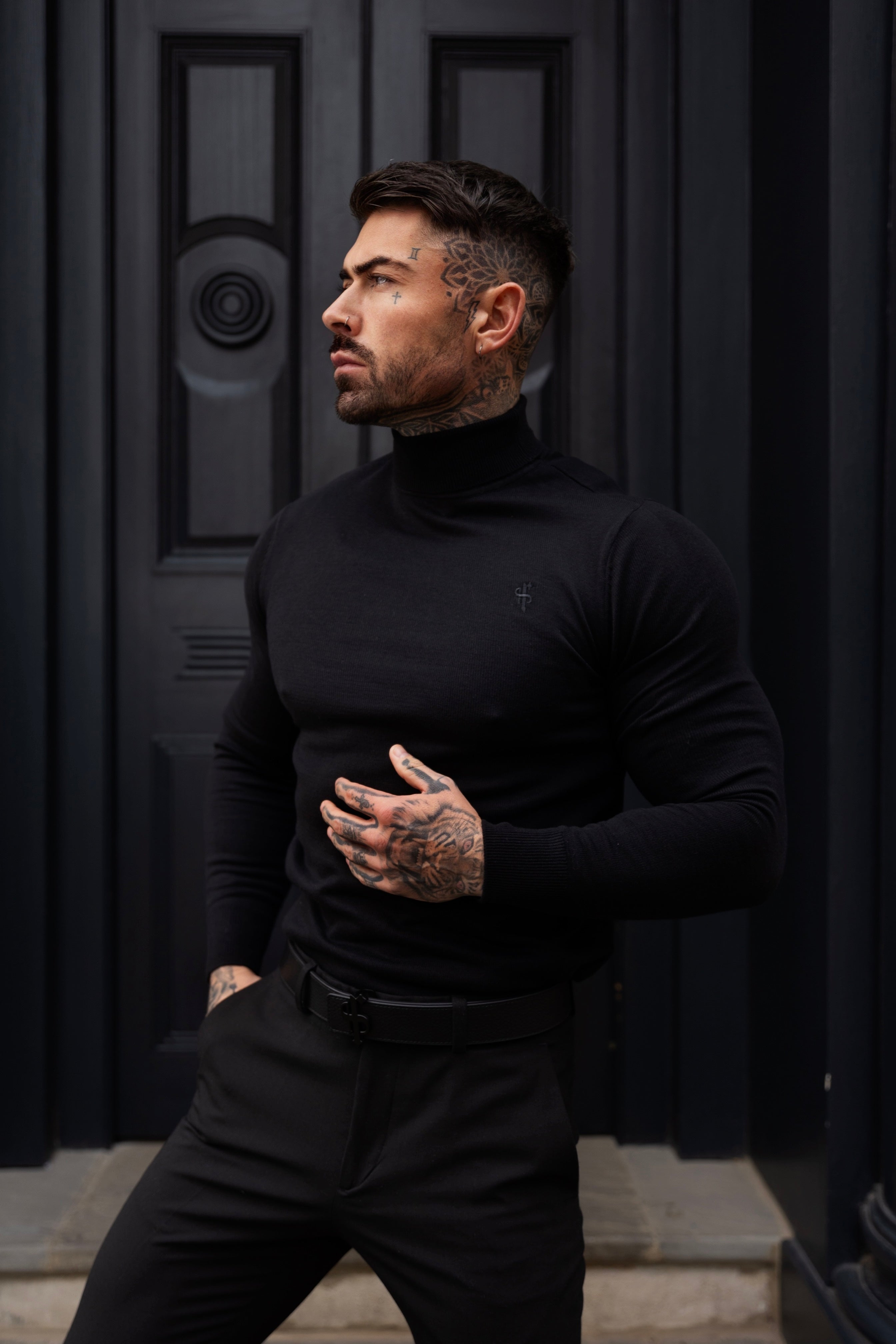Classic Black Roll Neck Knitted Jumper With Tonal Emblem - FSN135