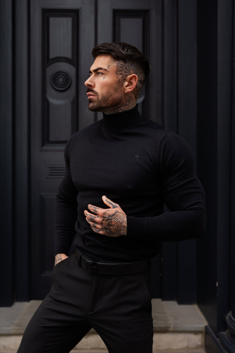 Father Sons Classic Black Roll Neck Knitted Jumper With Tonal Emblem - FSN135