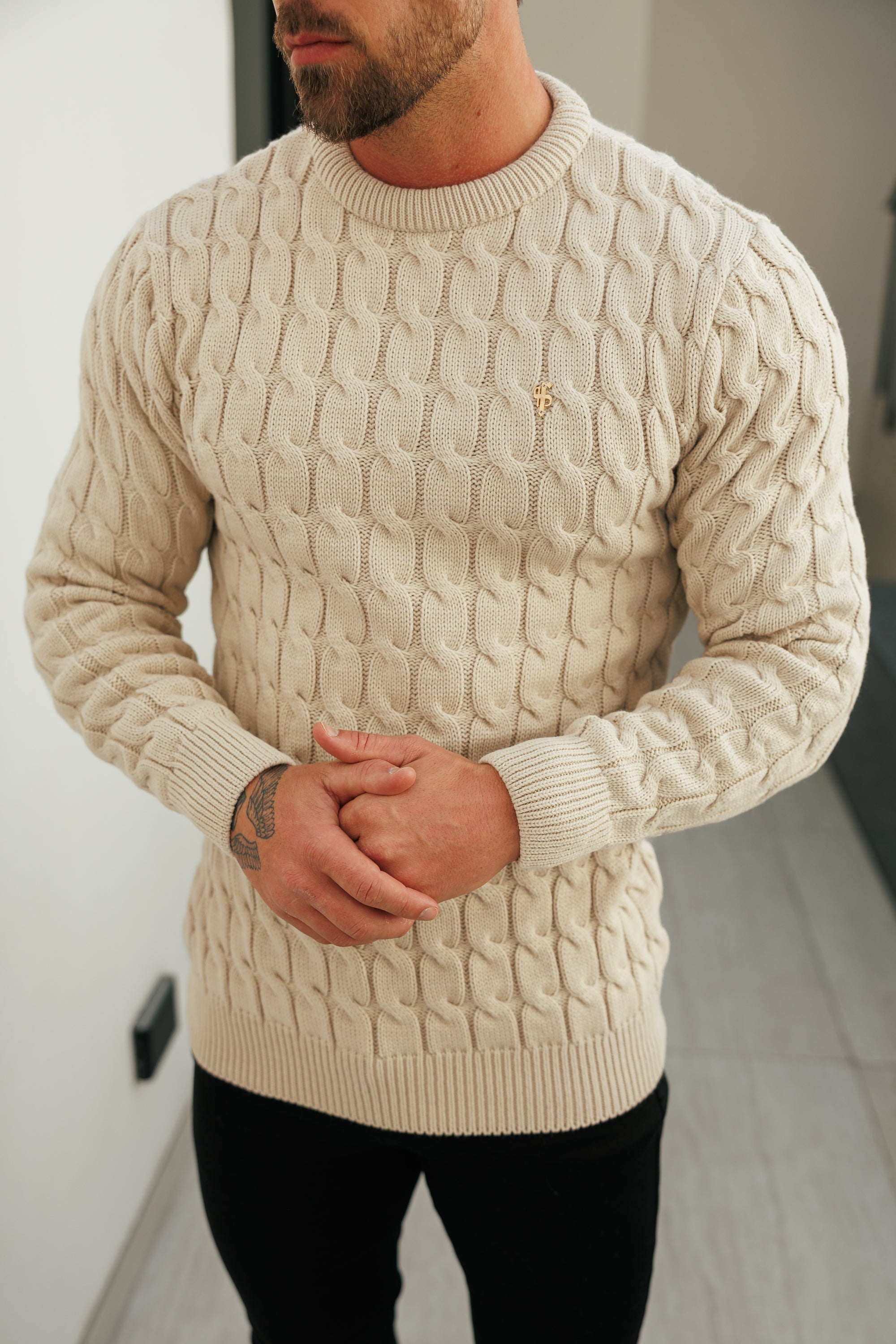 Link Weave Knit Beige Crew Neck Jumper - FSJ127