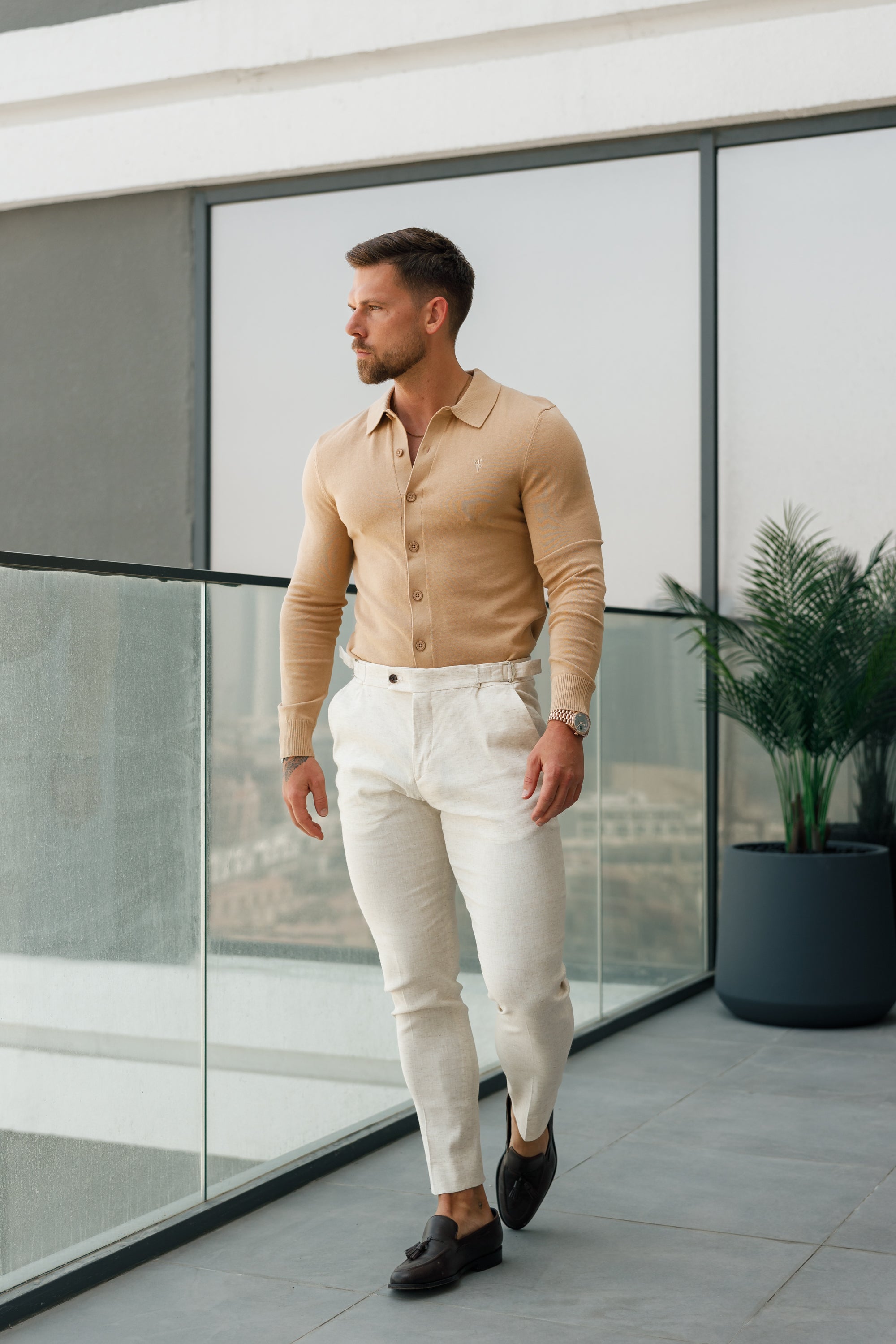 Classic Plain Coffee Knitted Button Through Polo Long Sleeve - FSN171