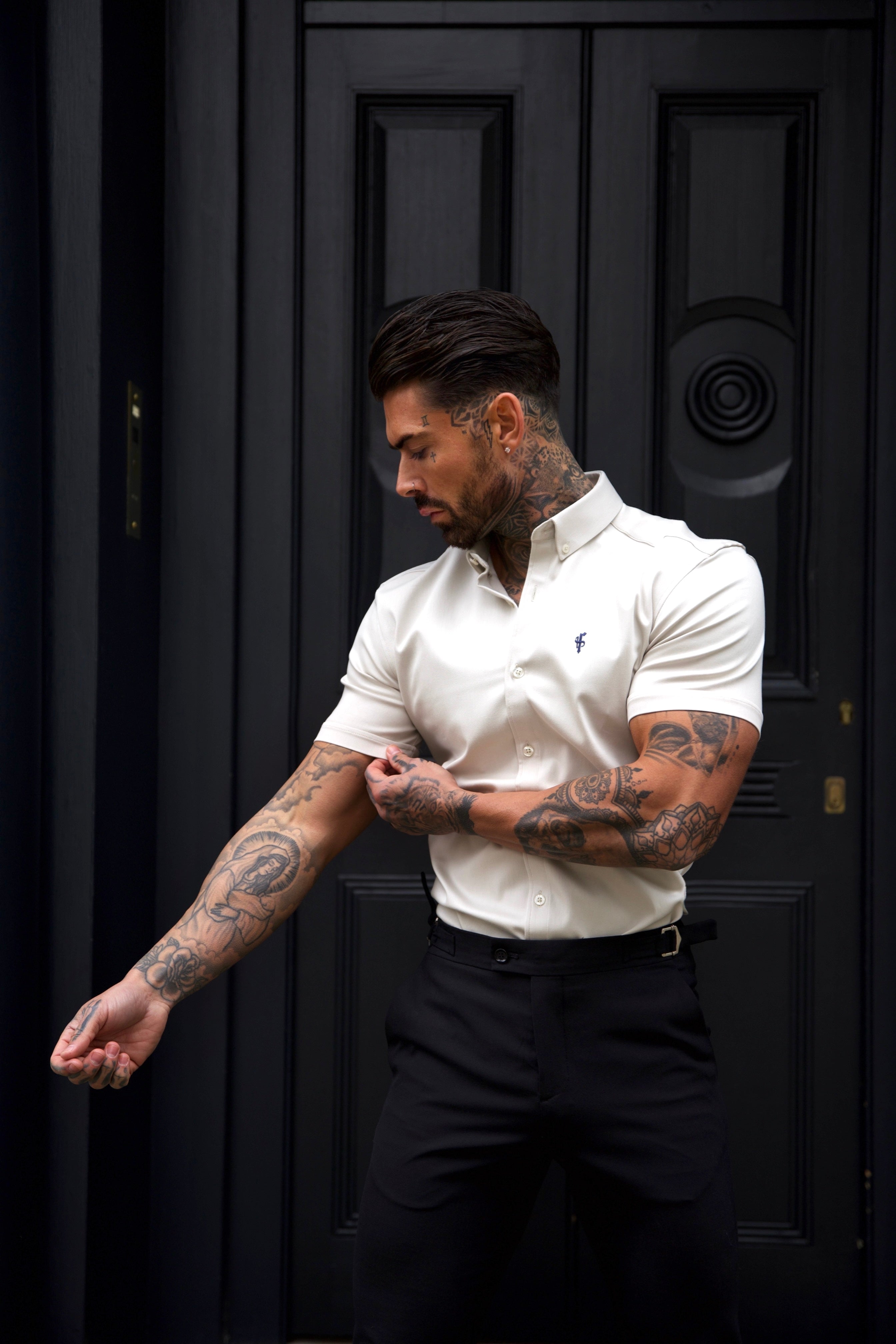 Super Slim Stretch Oatmeal Denim Short Sleeve With Button Down Collar - FS1025