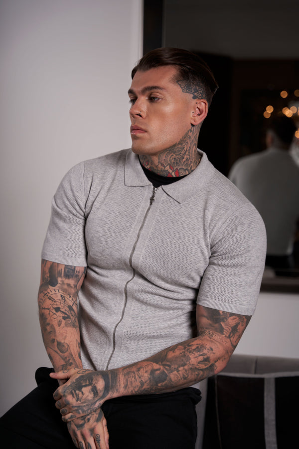 Father Sons Classic Knitted Textured Design With Full Length Zip Light Grey Short Sleeve - FSN154 (PRE ORDER 21ST MAY)