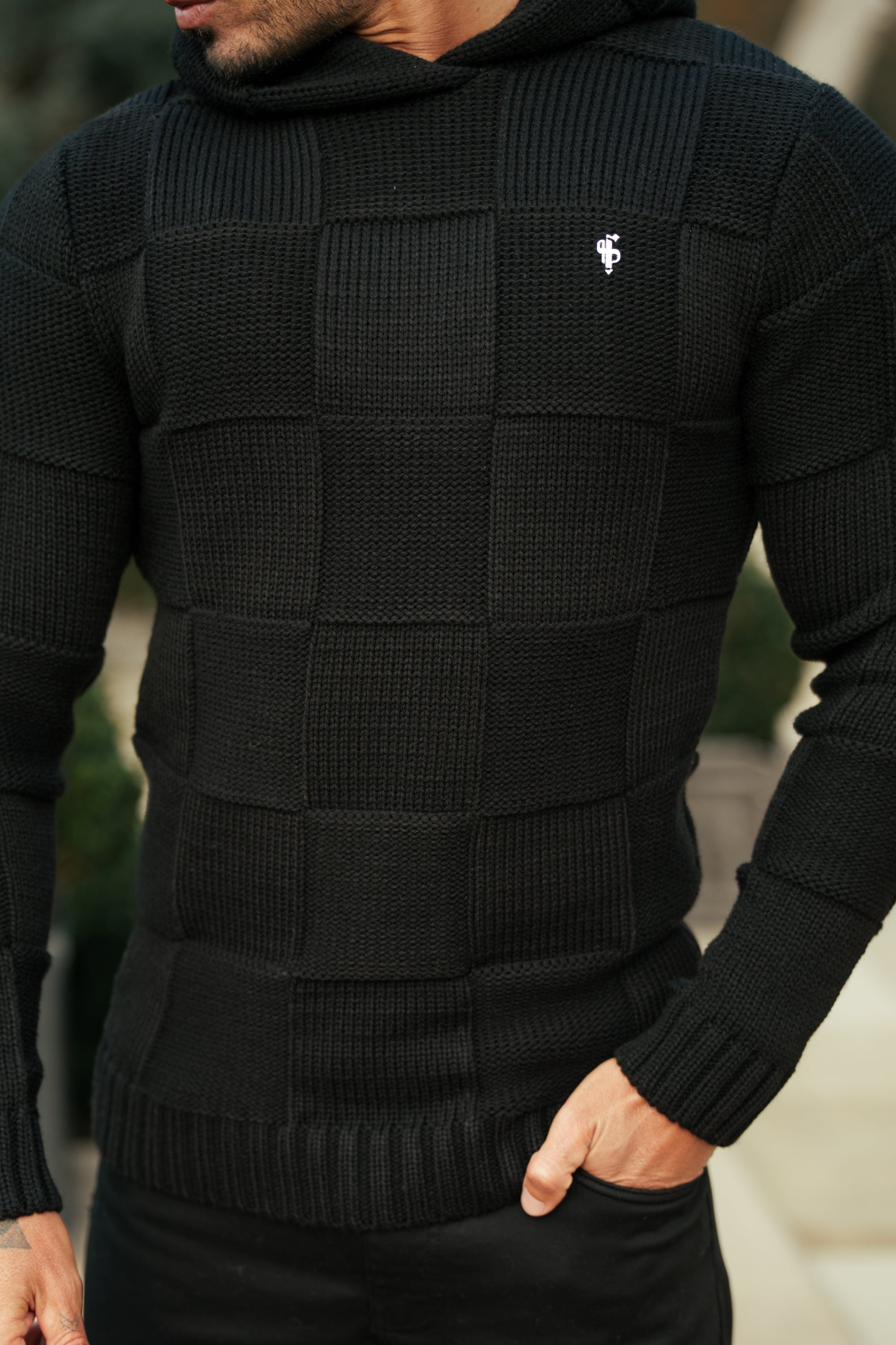 Black Checkerboard Knitted Hoodie - FSJ135