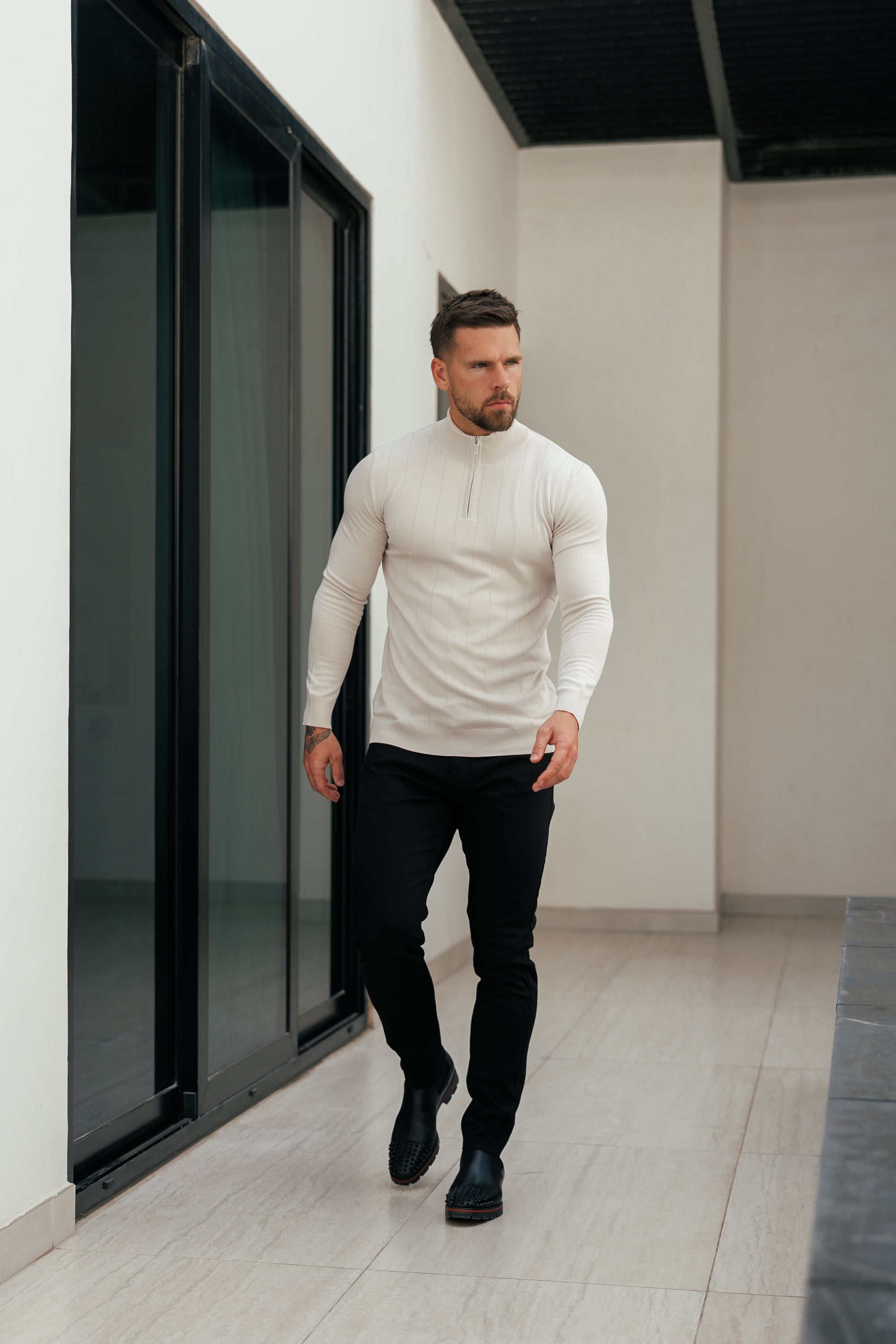 Self Stripe 1/4 Zip Funnel Neck Knit Jumper Cream Long Sleeve  -  FSR052