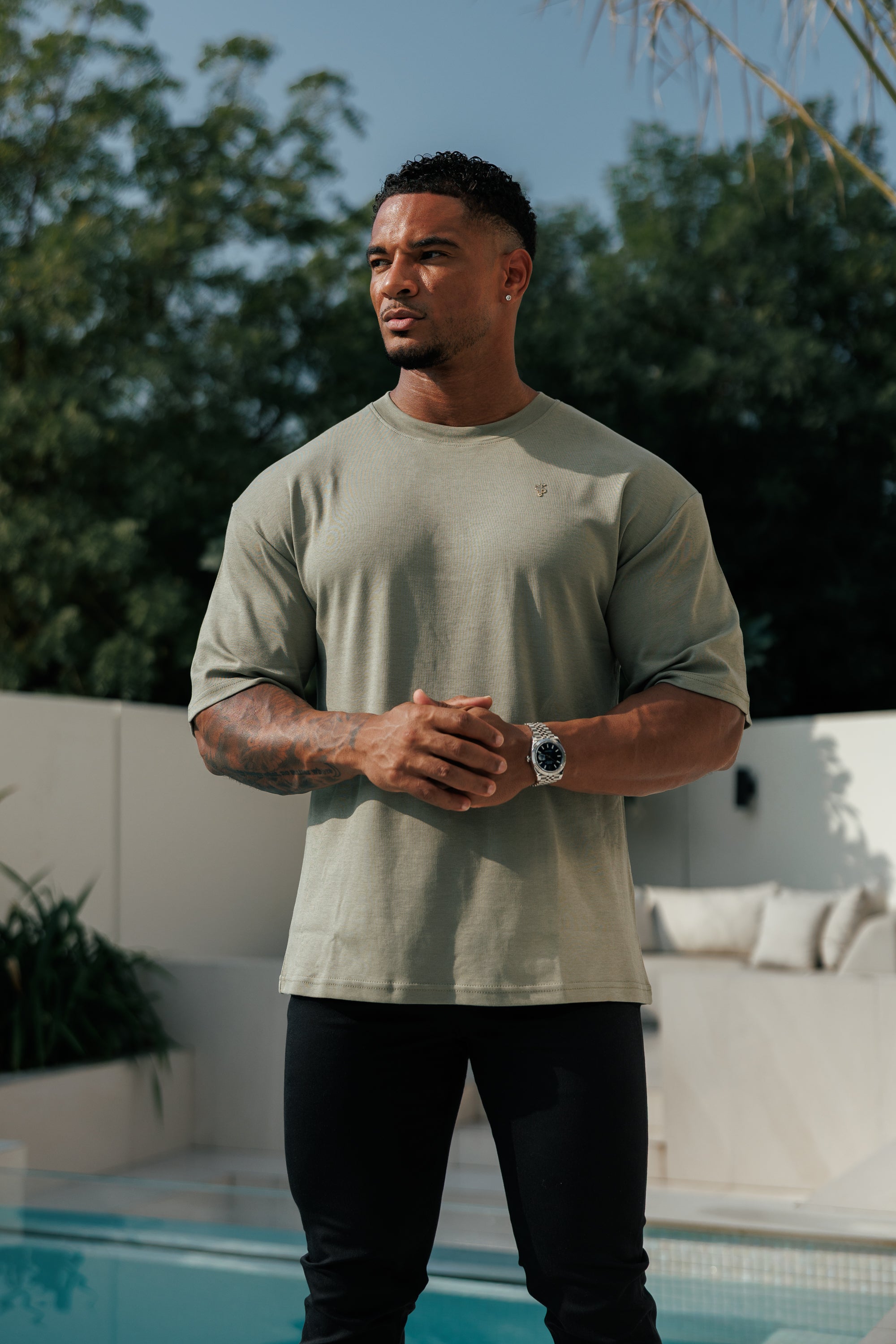 Olive / Gold Oversized Crew T Shirt - FSH1419
