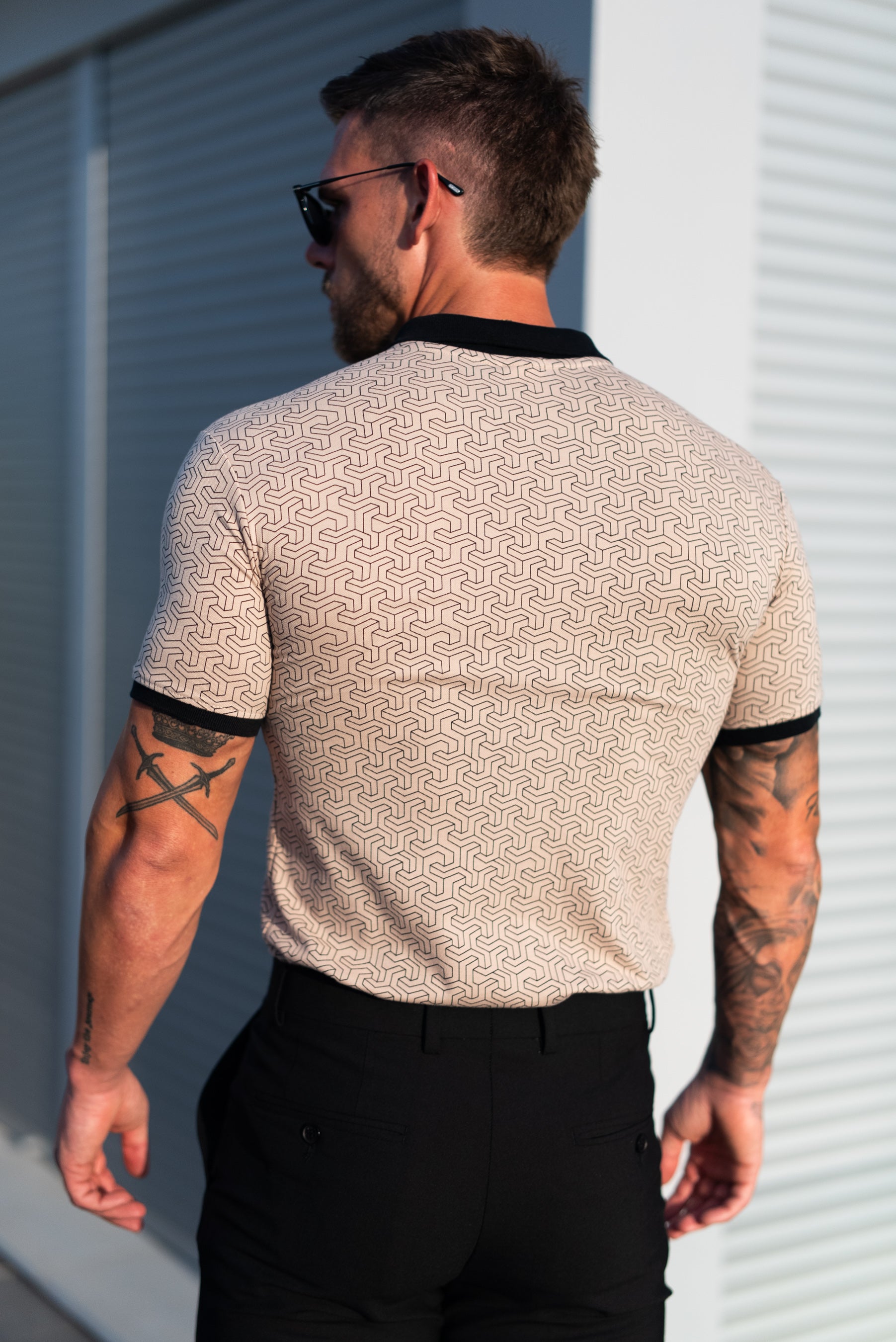 Black / Beige Geo Printed Polo Shirt - FSH1234