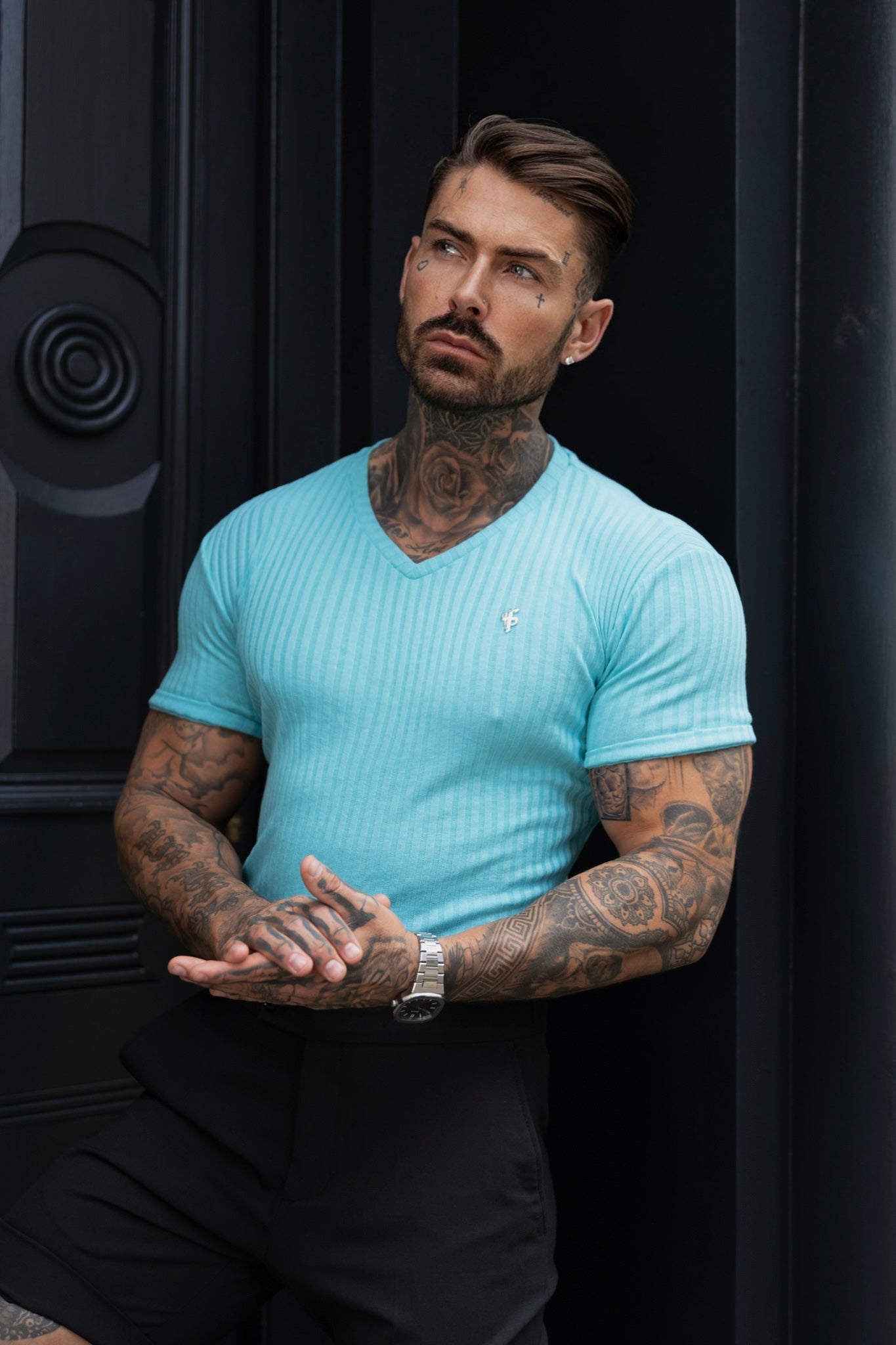 Classic Turquoise / Silver V Neck Ribbed Crew - FSH1128