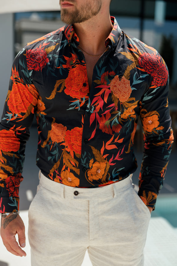 Classic Stretch LS Black/ Orange Oriental Print Button Down Collar - FS1102 (PRE ORDER 28TH AUGUST)