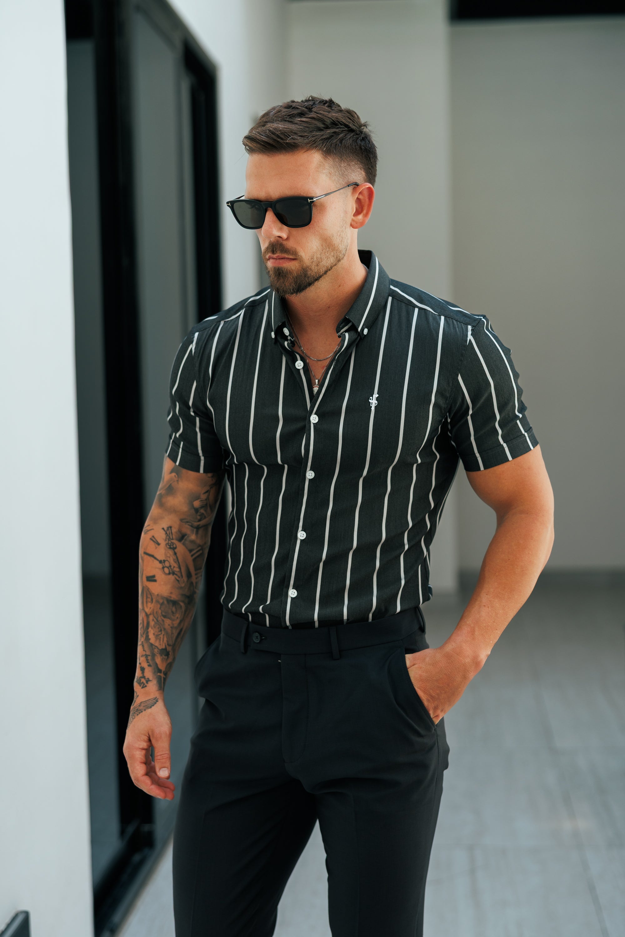 Super Slim Stretch Charcoal / White Printed Wide Stripe Short Sleeve with Button Down Collar - FS1227 (PRE ORDER 18TH MARCH)