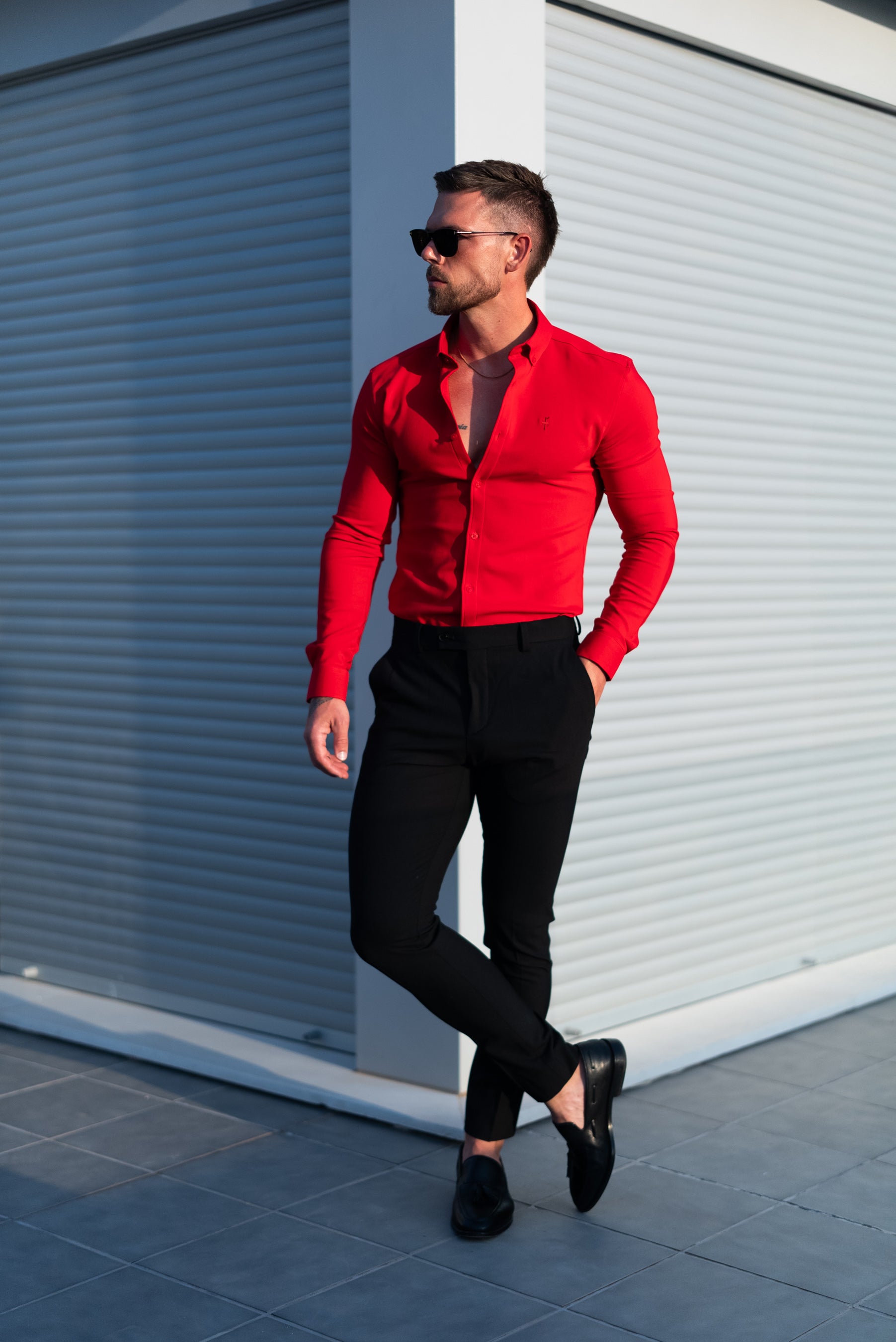 Super Slim LS Postbox Red Scuba with Button Down Collar - FS1186