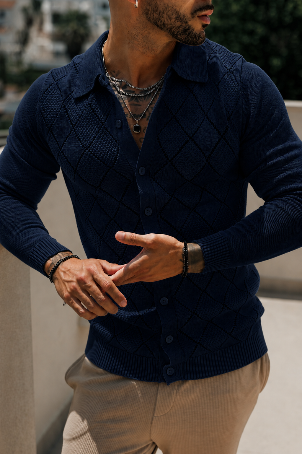Navy Diamond Perforated Shirt Long Sleeve - FSA017 (PRE ORDER 31ST AUGUST)