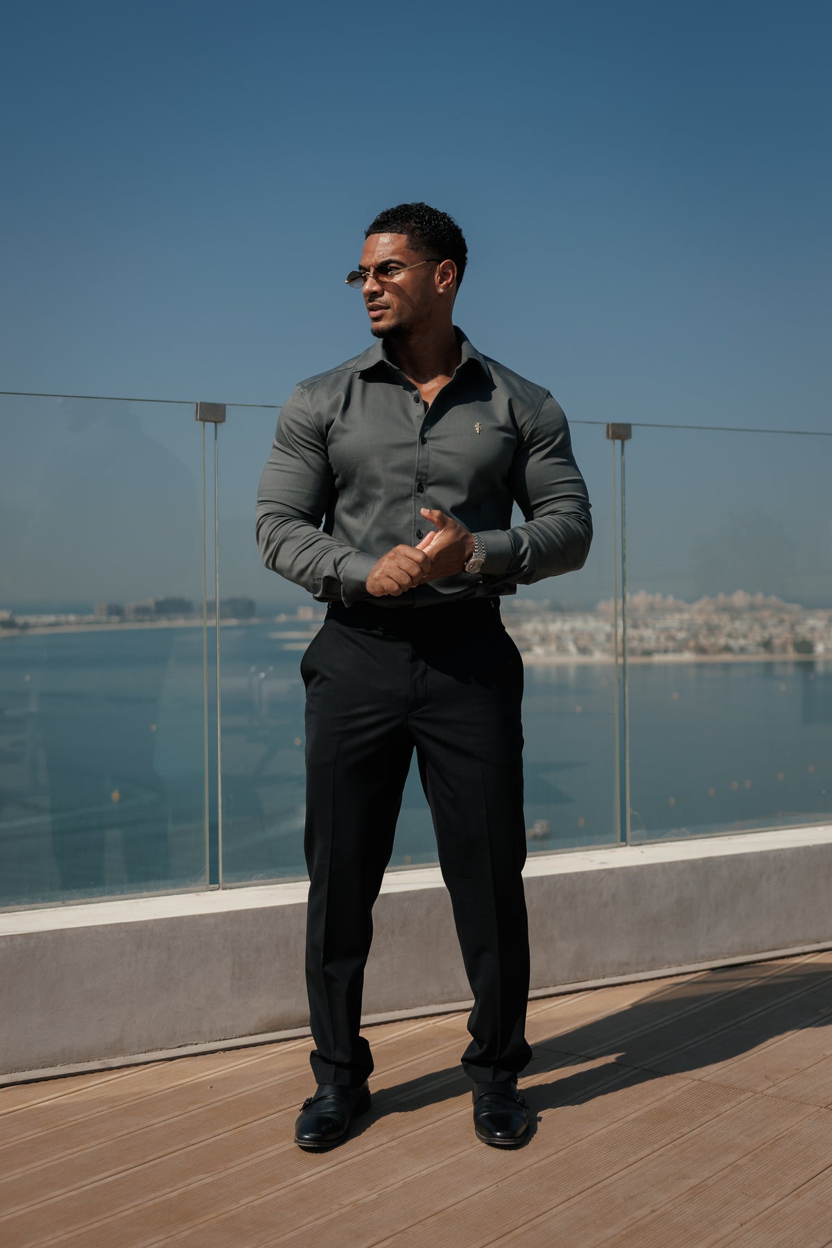 Super Slim Stretch Olive Denim Long Sleeve with Gold Metal Decal and Cutaway Collar - FS1316