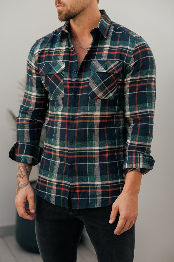 Father Sons Navy / Green / Rust Check Shacket With Double Pockets - FS1198